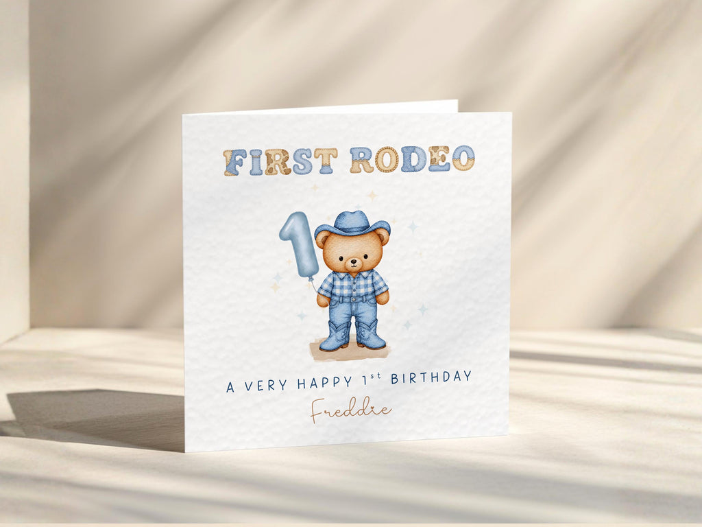 First Rodeo Personalised 1st Birthday Card For Baby Boy And Girl Cowgirl, Cowboy Teddy