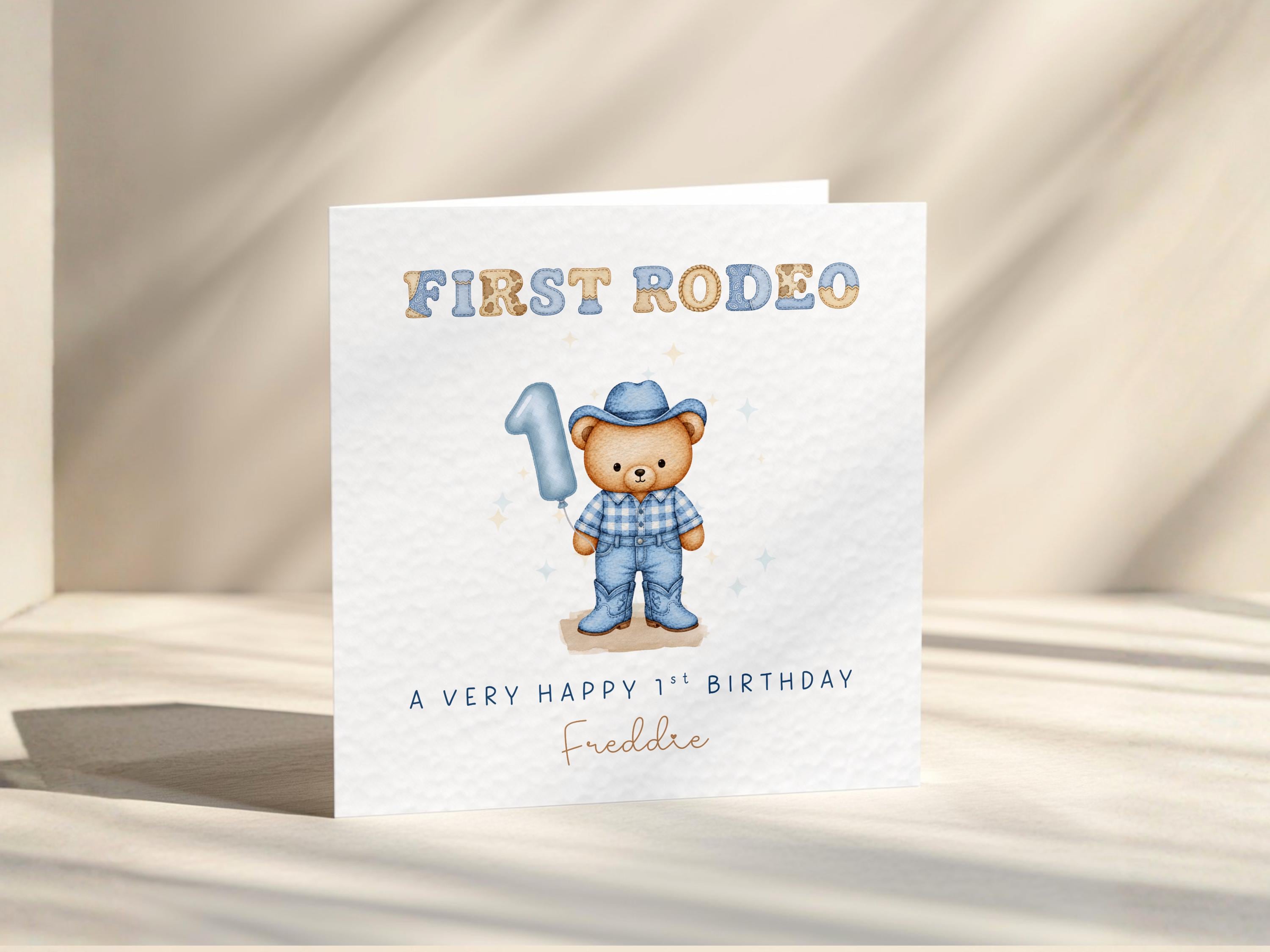 First Rodeo Personalised 1st Birthday Card For Baby Boy And Girl Cowgirl, Cowboy Teddy
