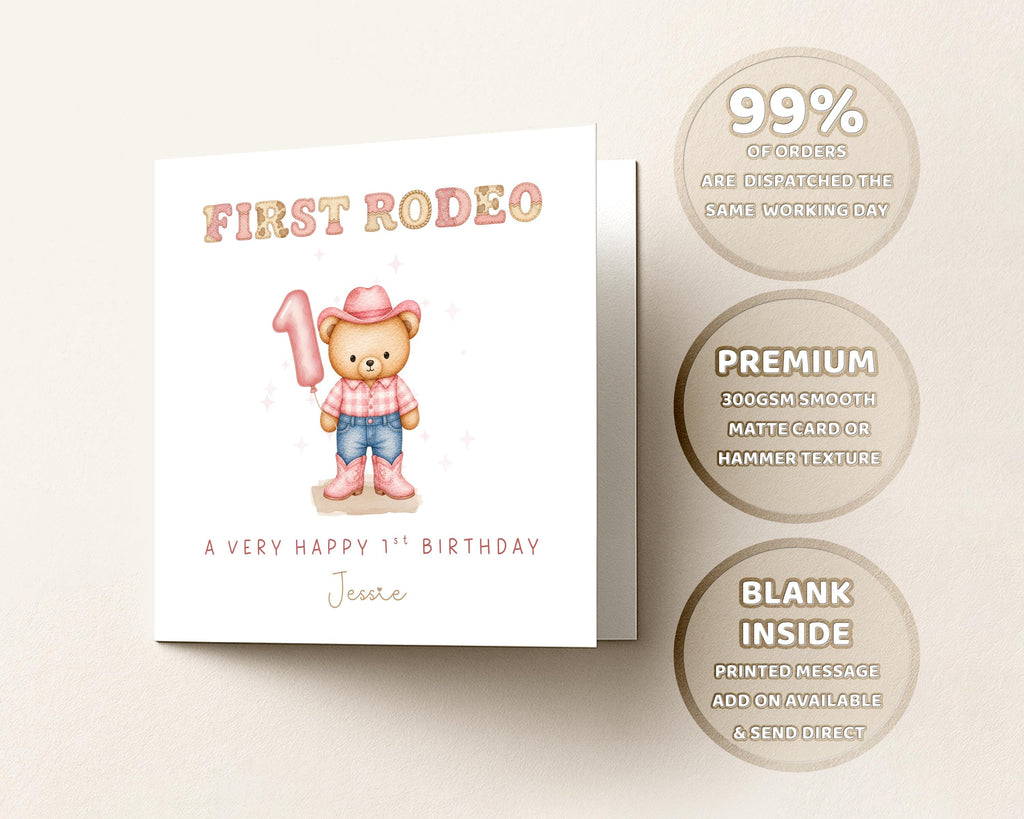 First Rodeo Personalised 1st Birthday Card For Baby Boy And Girl Cowgirl, Cowboy Teddy