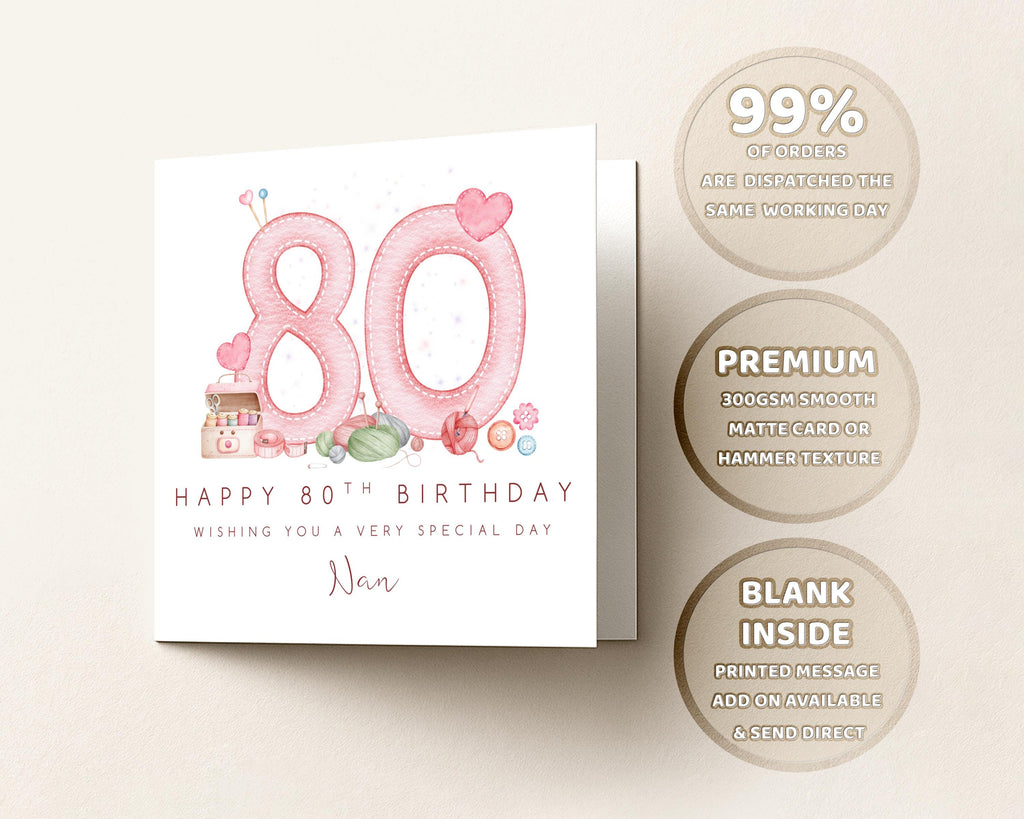 80th Birthday Card Personalised For Nan, Mum, Grandma or Friend, Sewing Theme Custom Name