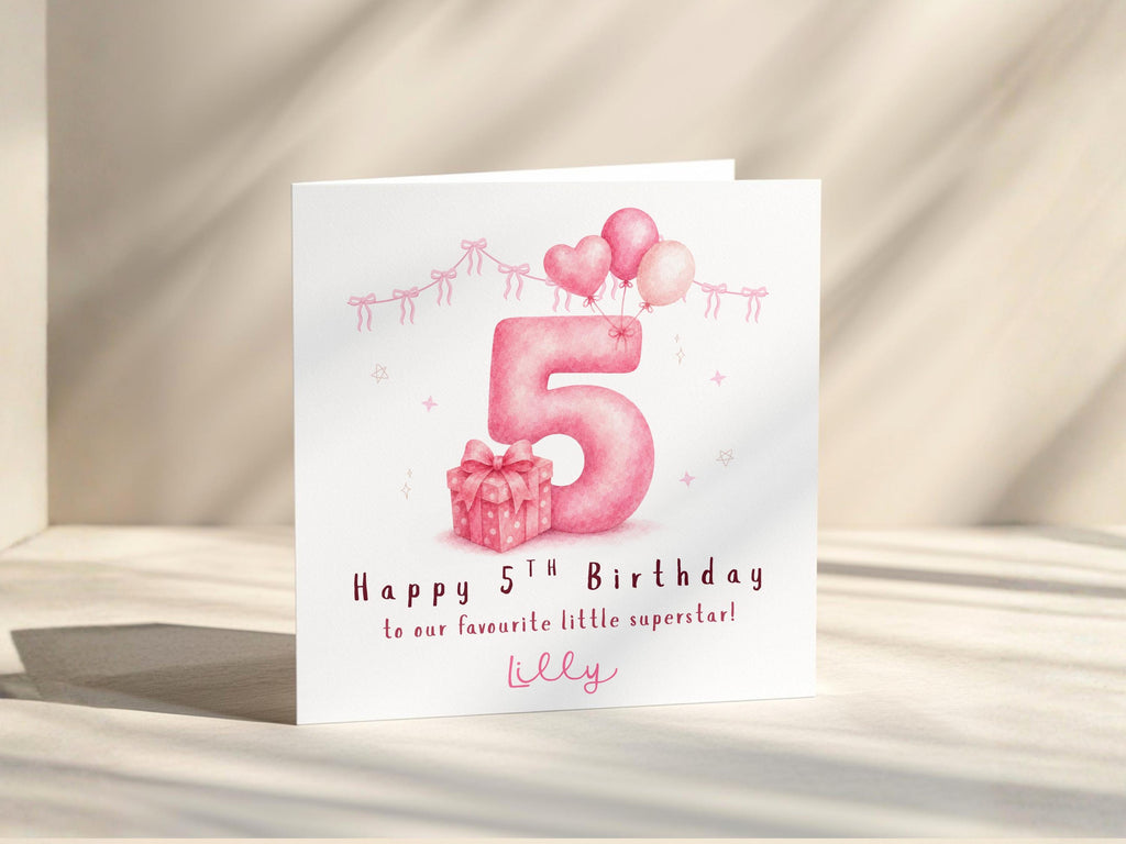 5th Birthday Card For Girl Personalised Age 5 Daughter Granddaughter Niece Pink Balloons Gift
