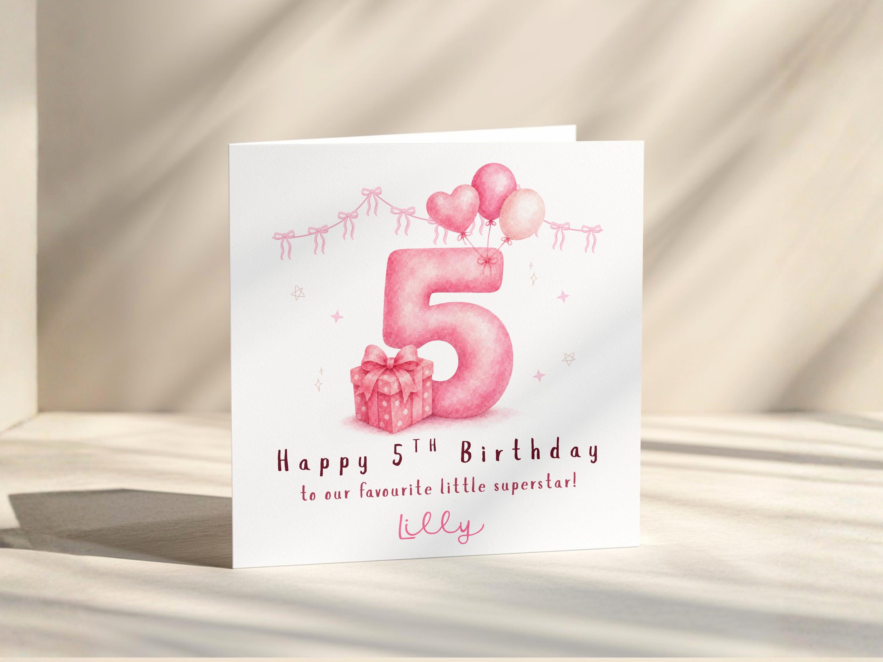 5th Birthday Card For Girl Personalised Age 5 Daughter Granddaughter Niece Pink Balloons Gift