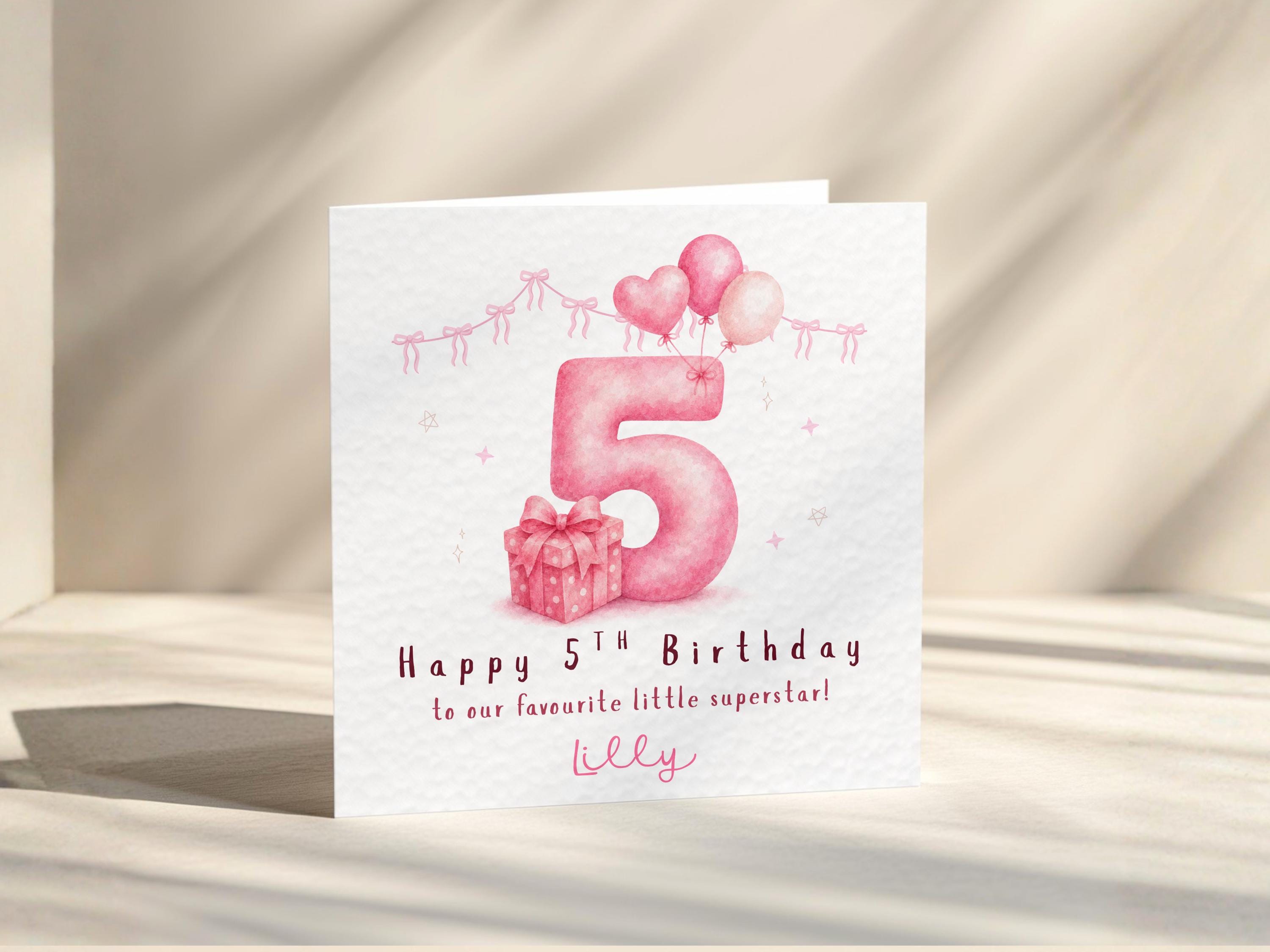 5th Birthday Card For Girl Personalised Age 5 Daughter Granddaughter Niece Pink Balloons Gift