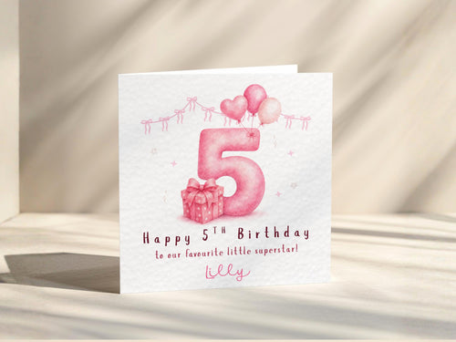 5th Birthday Card For Girl Personalised Age 5 Daughter Granddaughter Niece Pink Balloons Gift