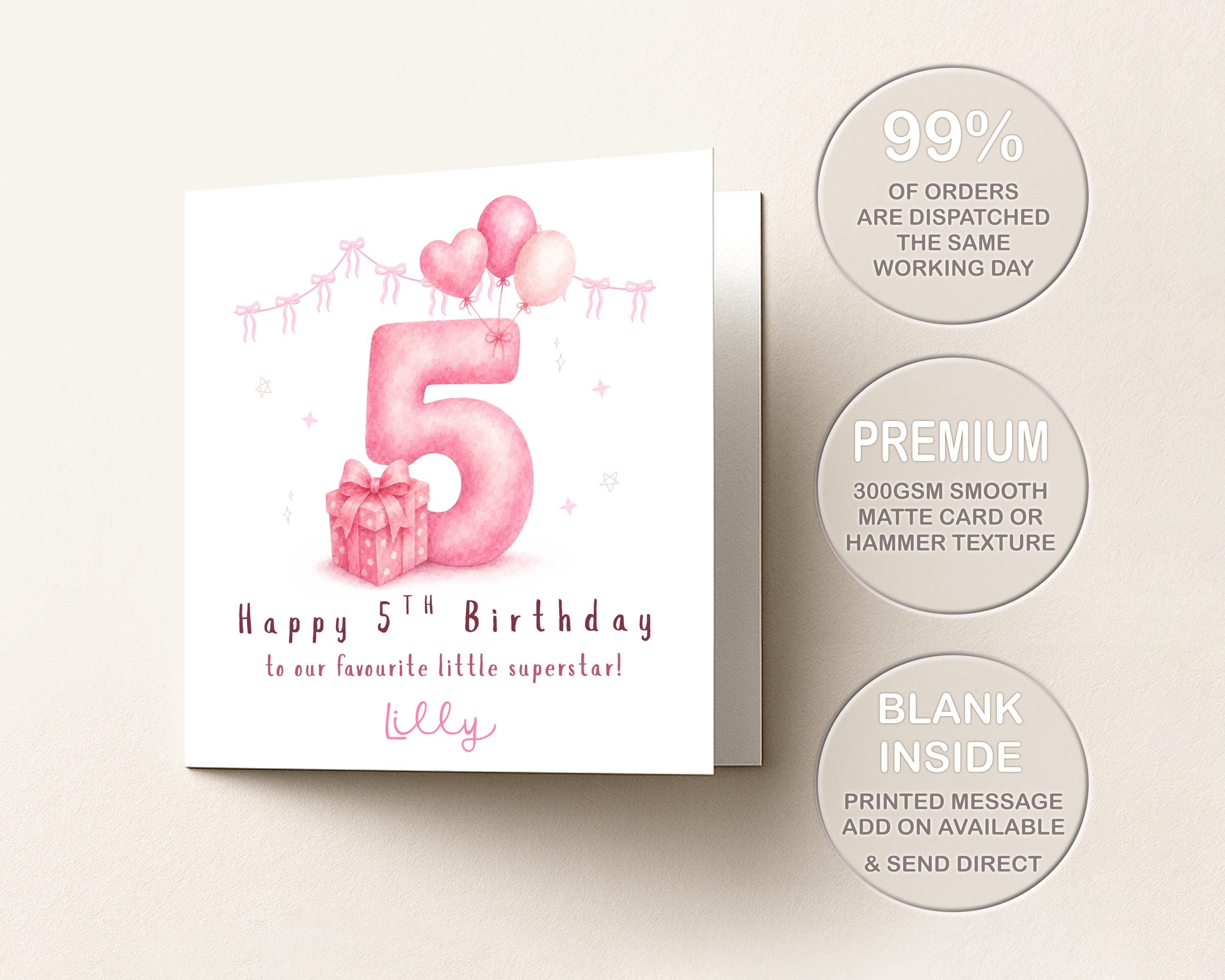 5th Birthday Card For Girl Personalised Age 5 Daughter Granddaughter Niece Pink Balloons Gift