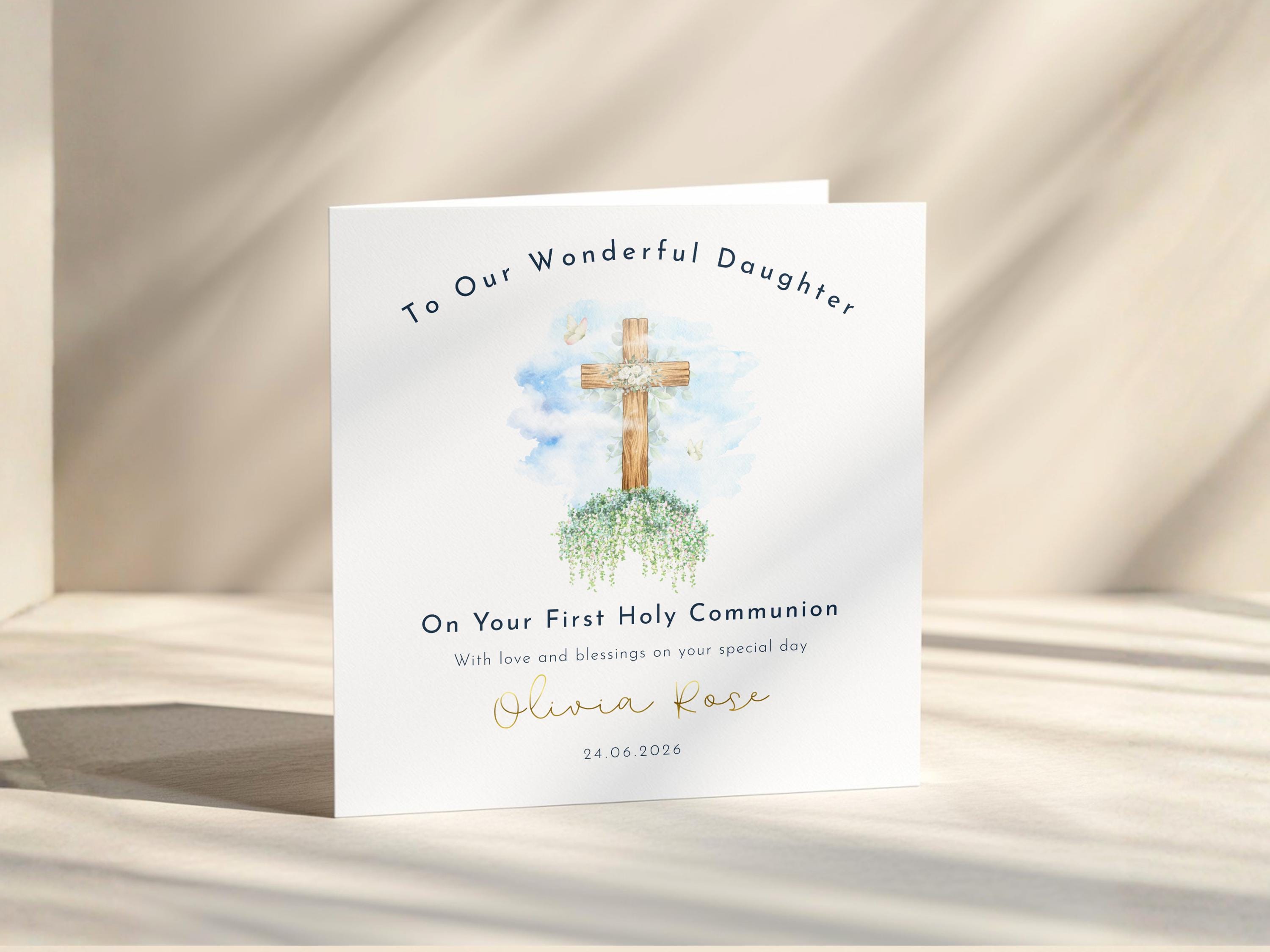 First Holy Communion Card Personalised For Daughter, Granddaughter, Girl: Name Date, Cross Gold Foil