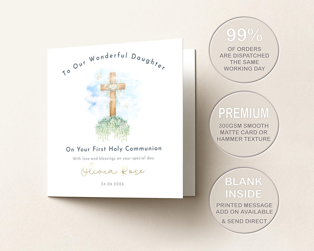 First Holy Communion Card Personalised For Daughter, Granddaughter, Girl: Name Date, Cross Gold Foil