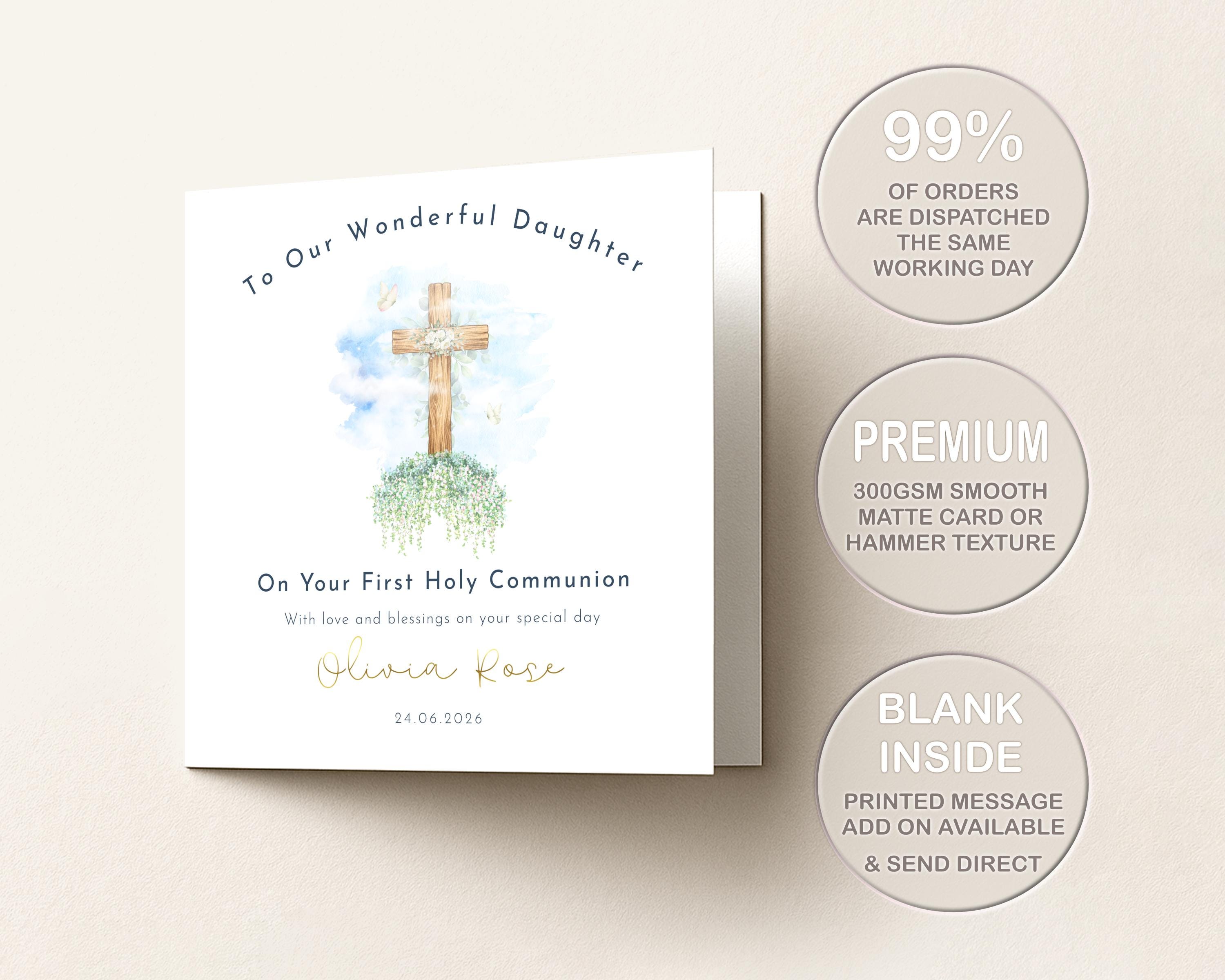 First Holy Communion Card Personalised For Daughter, Granddaughter, Girl: Name Date, Cross Gold Foil
