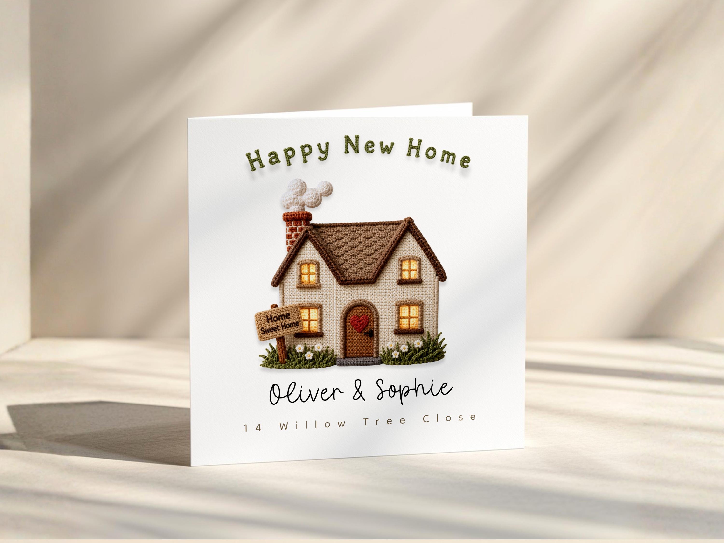 New Home Card Personalised Crochet Style House Custom Name Address For Couple Or Family
