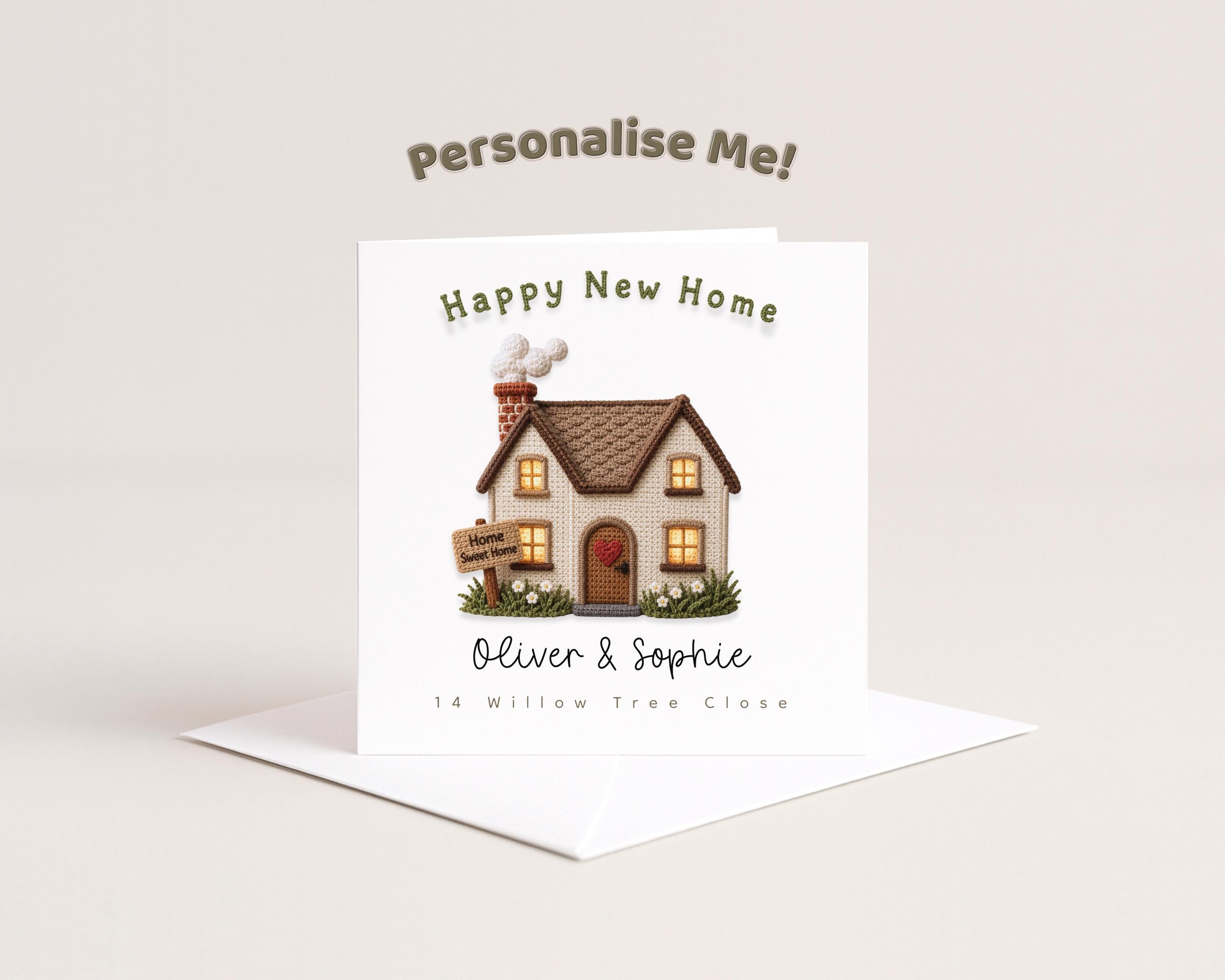 New Home Card Personalised Crochet Style House Custom Name Address For Couple Or Family