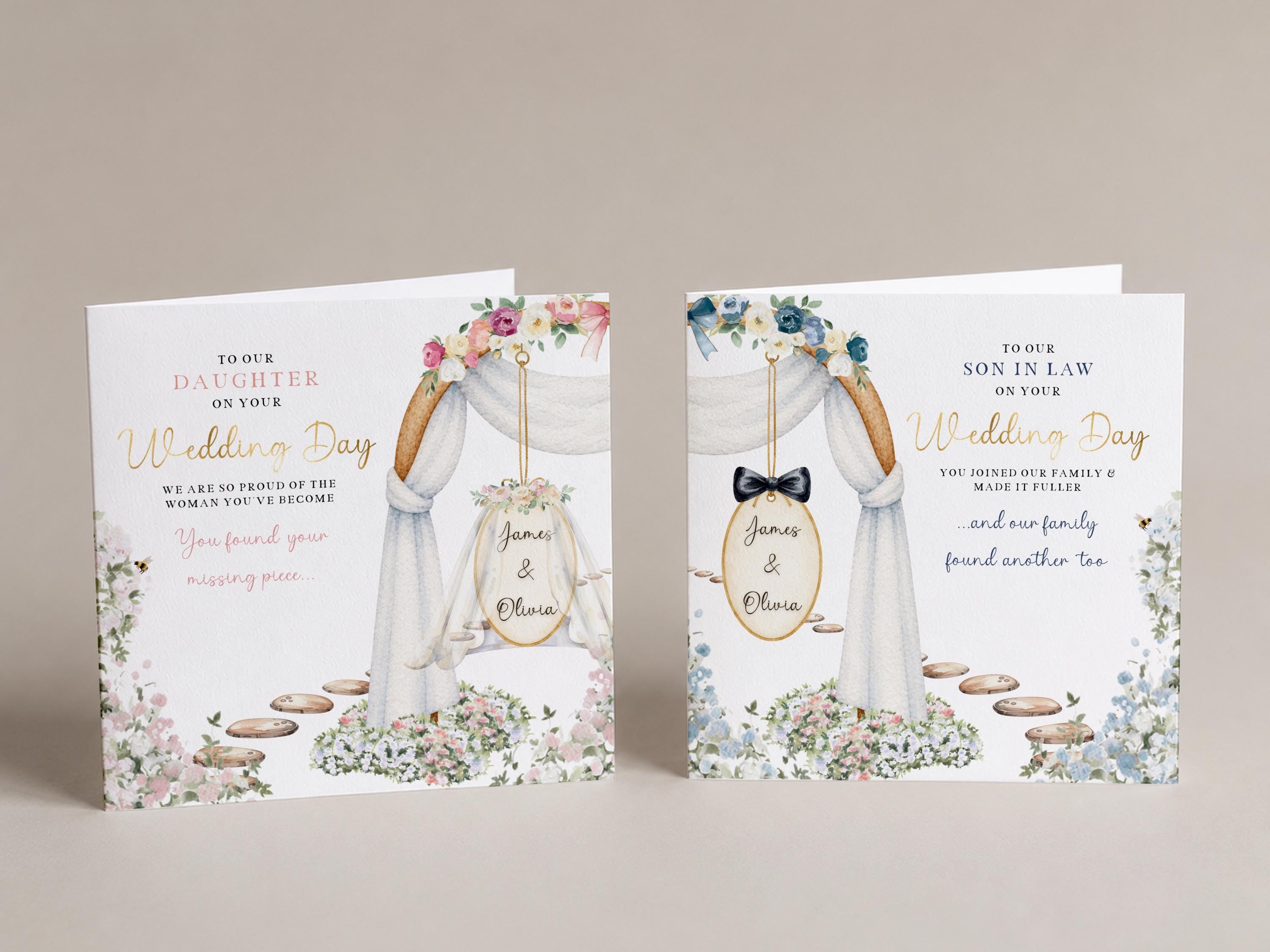 Wedding Card Set for Son, Daughter, In-Laws, From Parents (Gold Foil)  Two Personalised Cards
