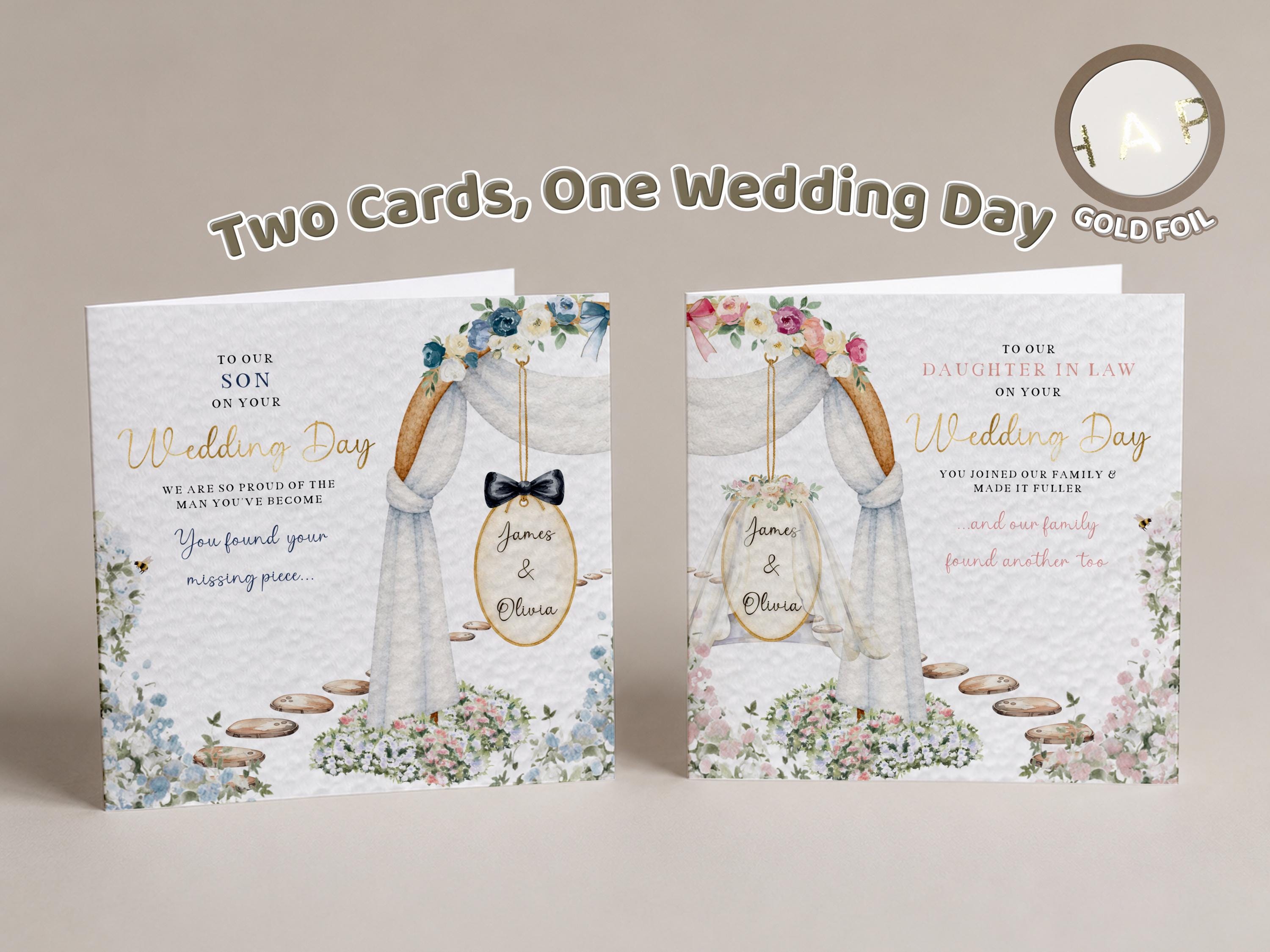 Wedding Card Set for Son, Daughter, In-Laws, From Parents (Gold Foil)  Two Personalised Cards