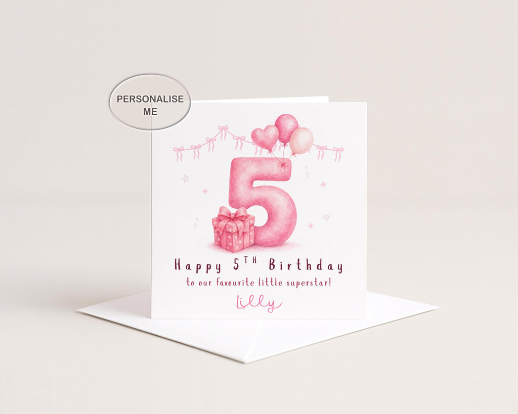 5th Birthday Card For Girl Personalised Age 5 Daughter Granddaughter Niece Pink Balloons Gift