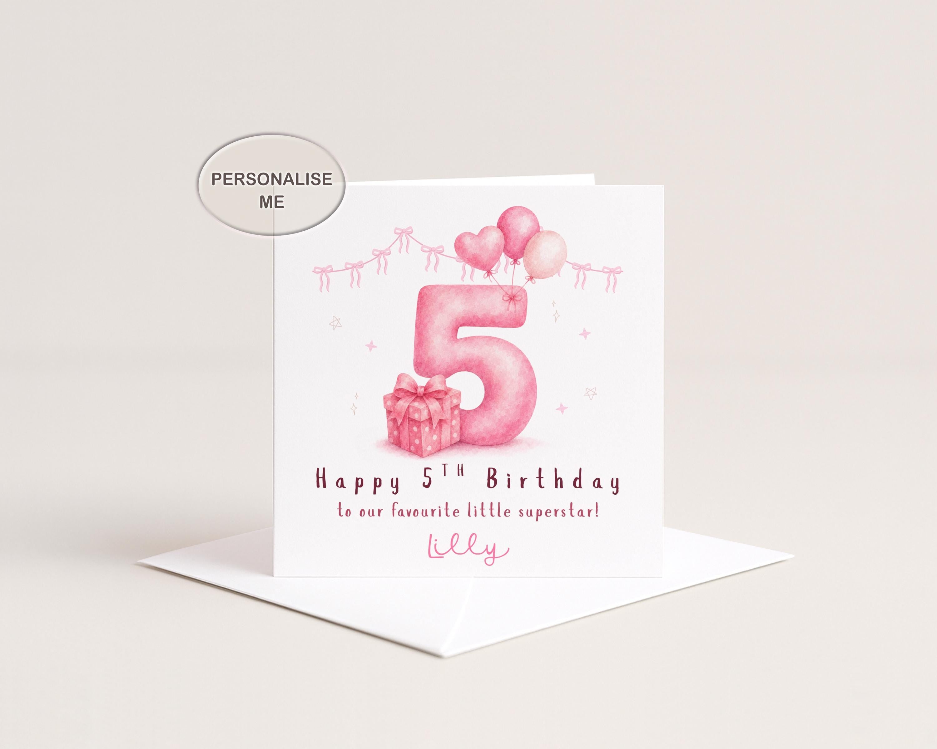 5th Birthday Card For Girl Personalised Age 5 Daughter Granddaughter Niece Pink Balloons Gift