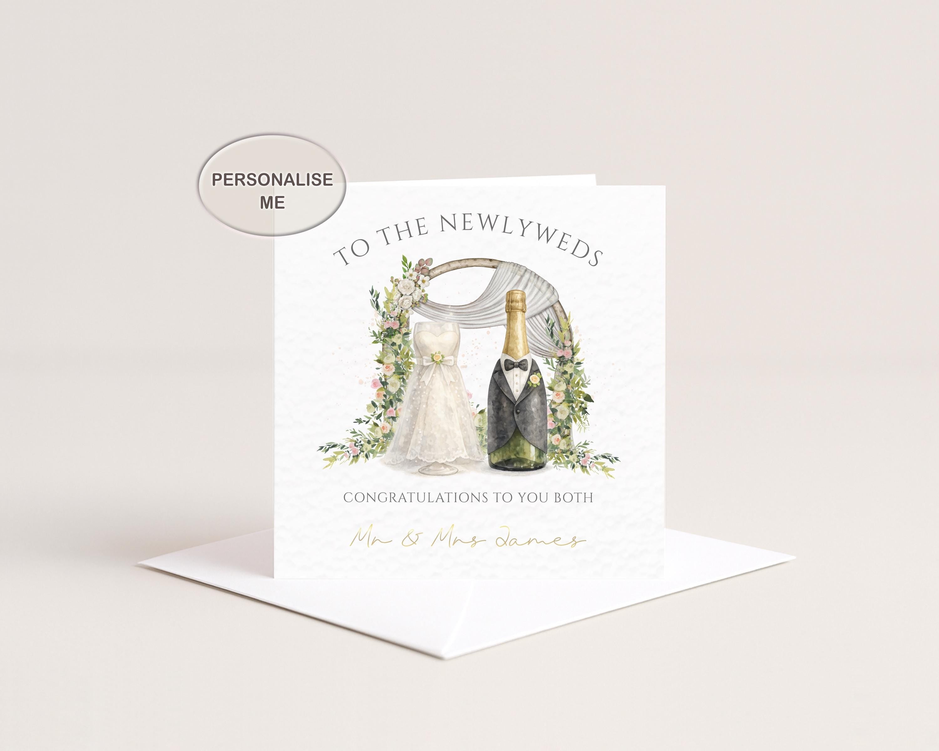 Personalised Wedding Card, Gold Foil Names, Champagne Bottle Congratulations Card