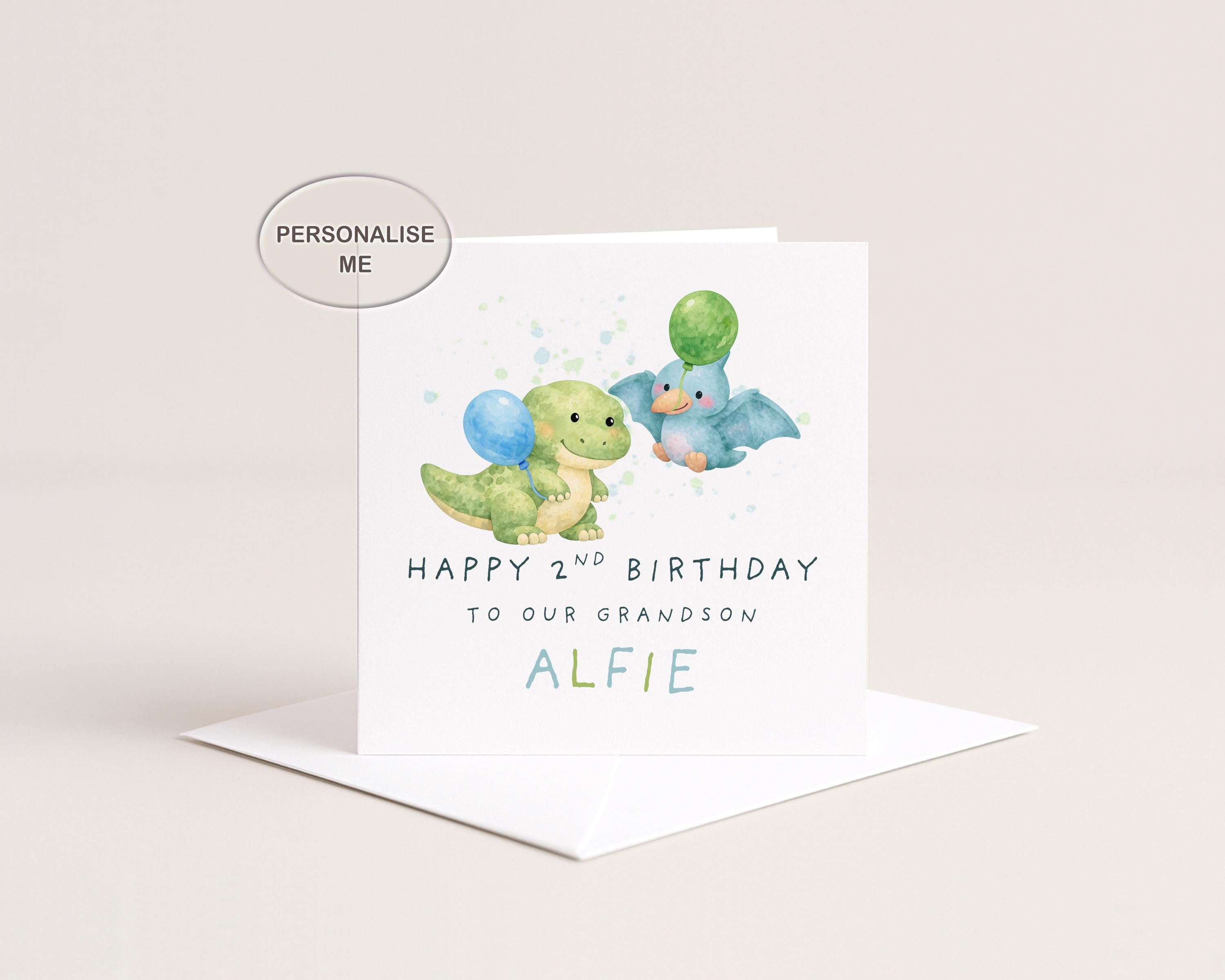 2nd Birthday Card For Grandson Personalised Dinosaur Design With Name For Boys Turning Two