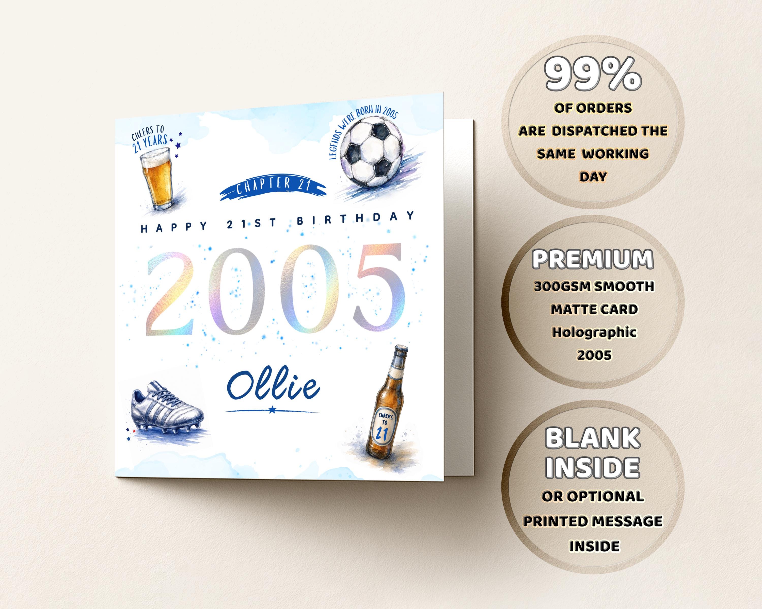 Personalised 21st Birthday Card for Him, year 2005, Football fans, Beer Design