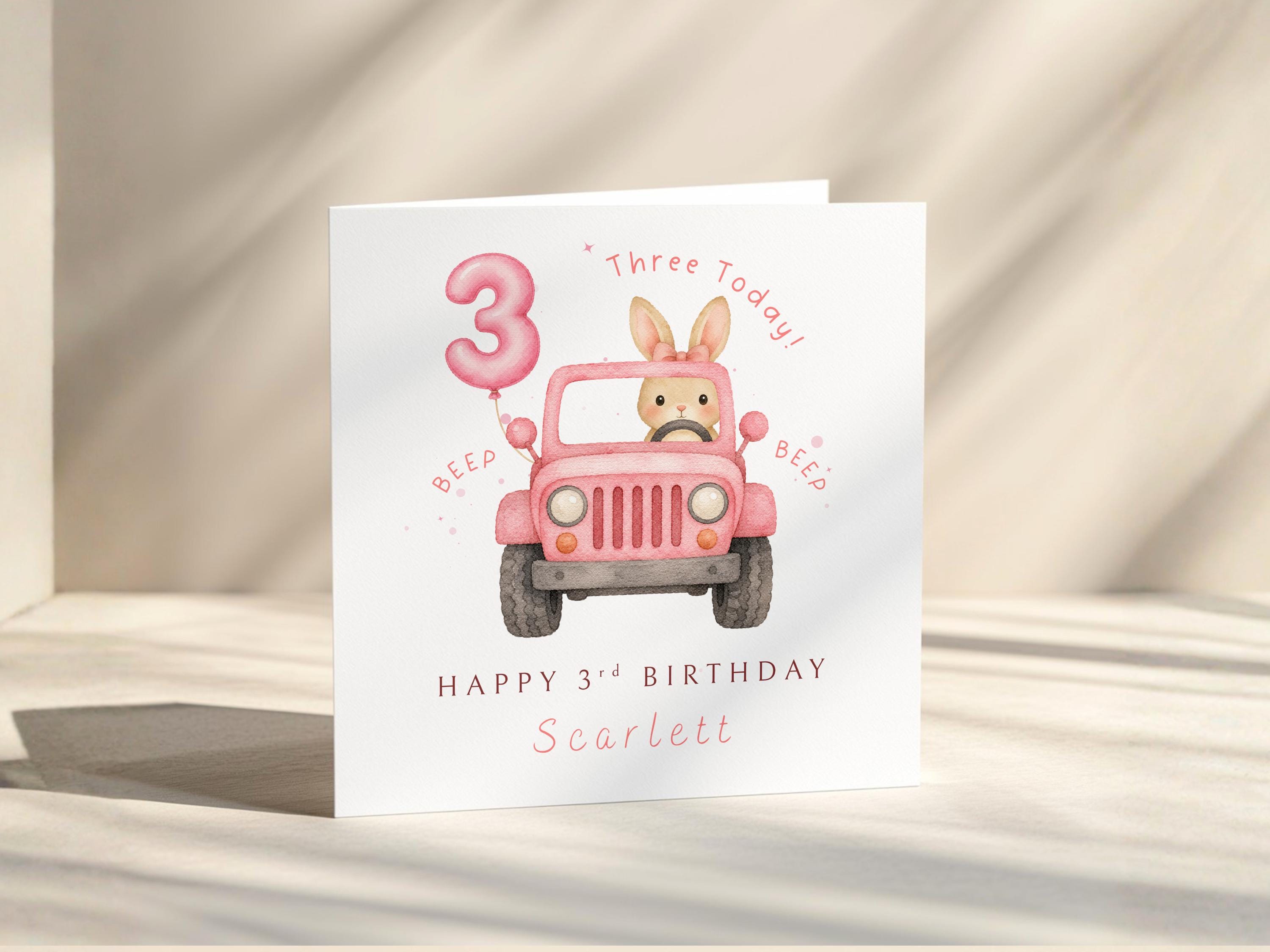 Girls Personalised Birthday Card Custom Name: Daughter Or Granddaughter, Pink Bunny Theme