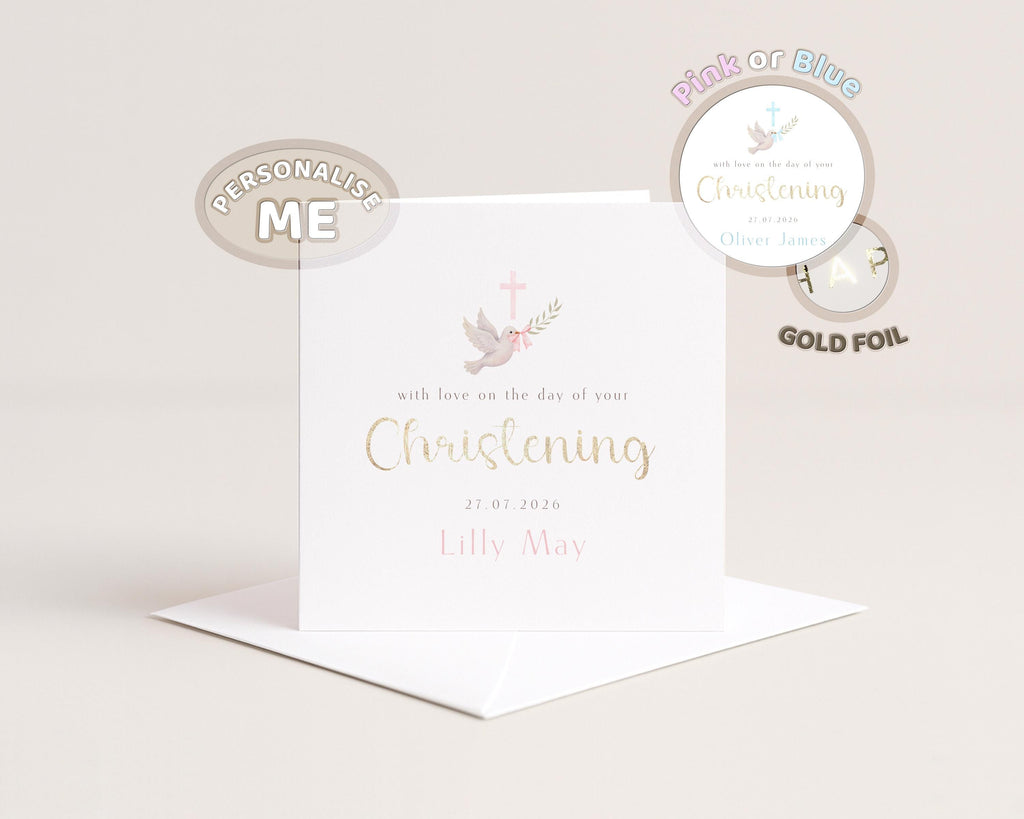 Personalised Christening Card Baptism Card For Baby Boy Or Girl, Blue & Pink Theme