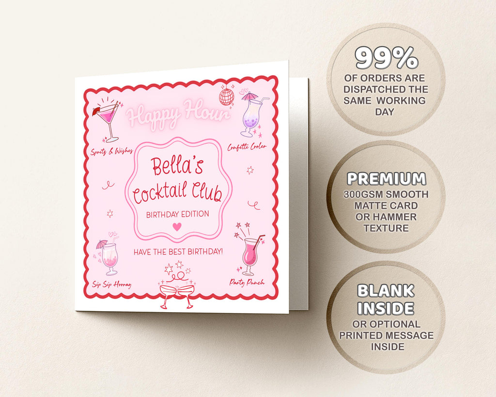Personalised Cocktail Club Birthday Card, Pink & Red Theme For Cocktail Lover