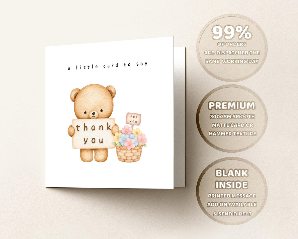 Thank You Card To Say Thanks Appreciation Card, Just Because, Bear With Flowers,