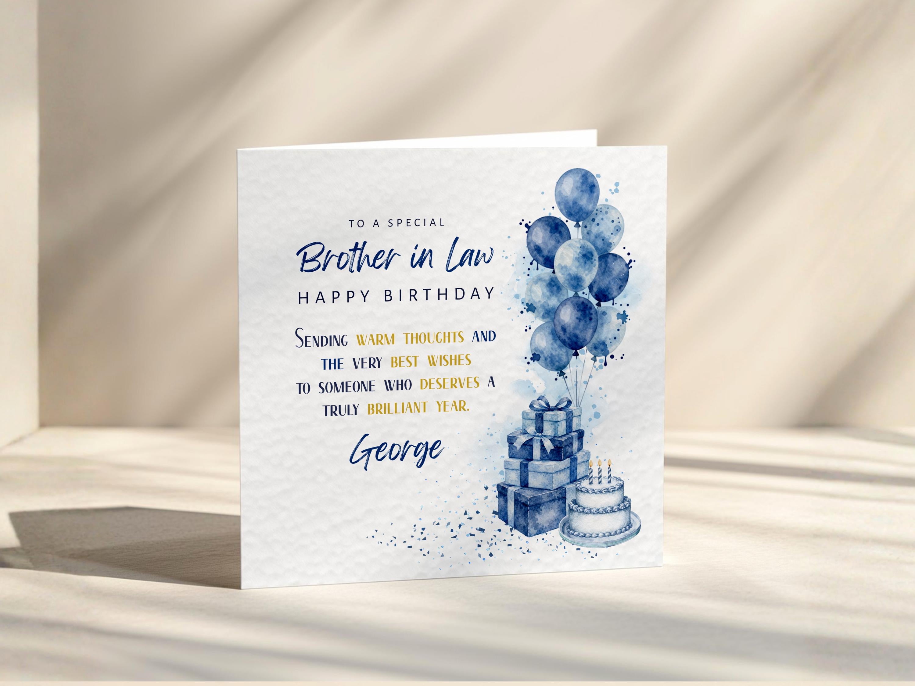 Brother In Law Birthday Card Personalised For Him With Blue Balloons Presents And Cake