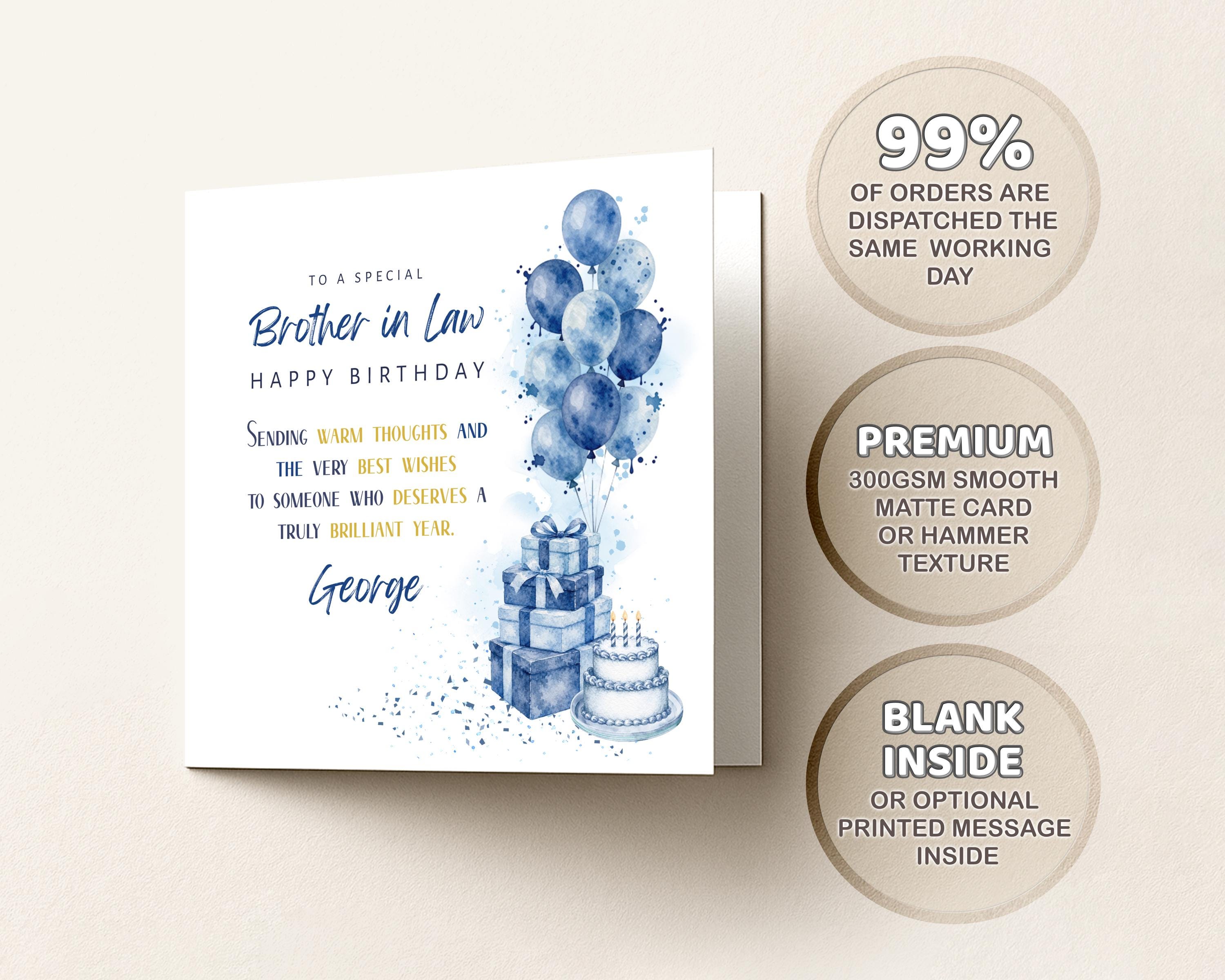 Brother In Law Birthday Card Personalised For Him With Blue Balloons Presents And Cake