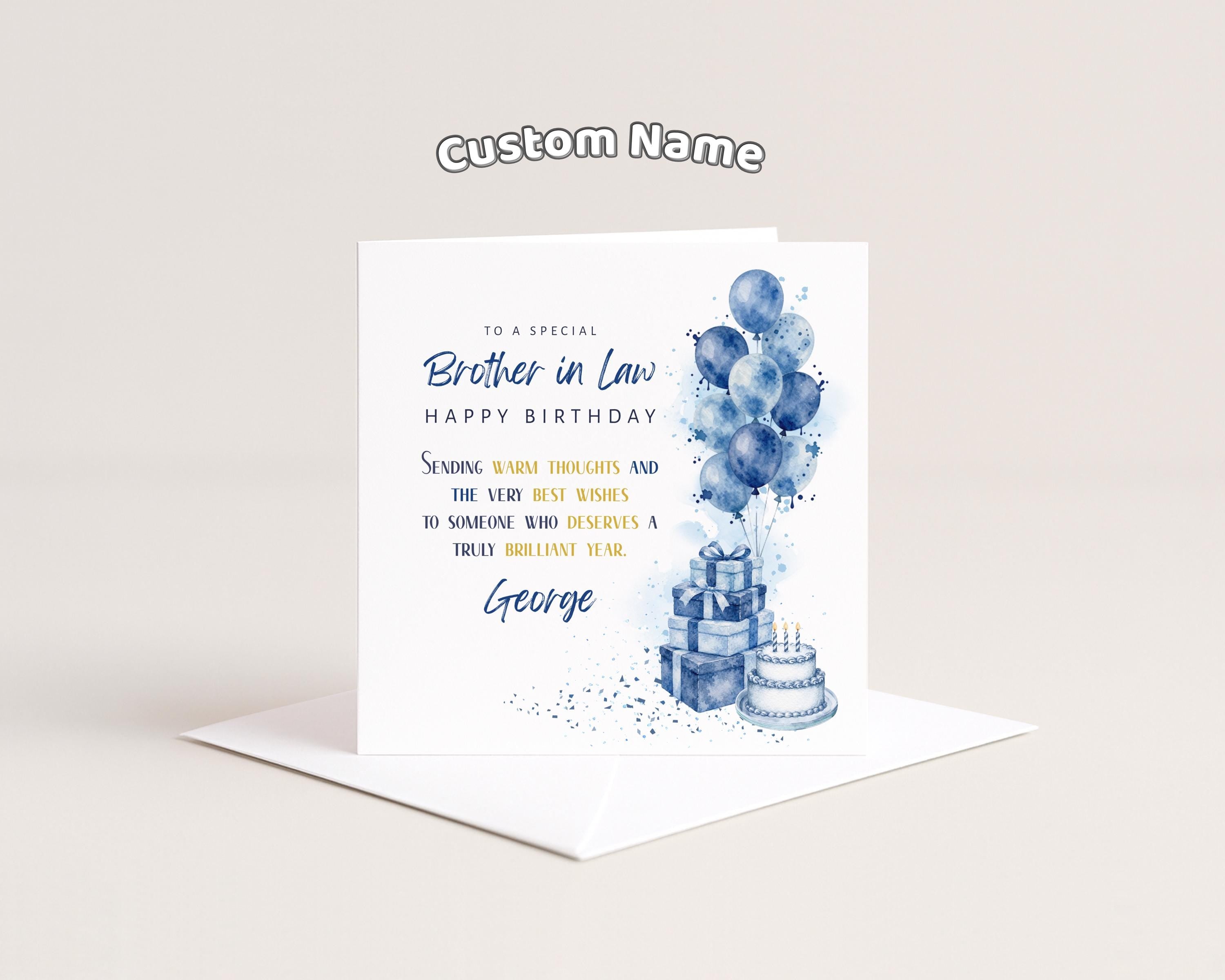 Brother In Law Birthday Card Personalised For Him With Blue Balloons Presents And Cake
