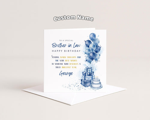 Brother In Law Birthday Card Personalised For Him With Blue Balloons Presents And Cake