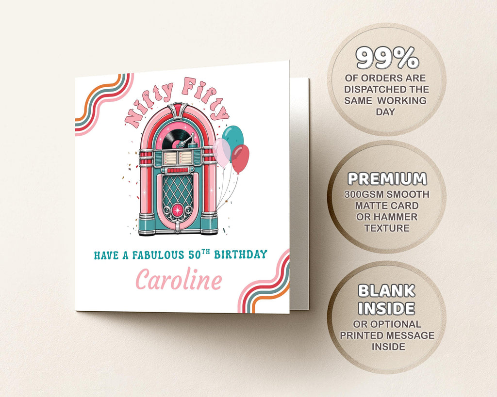 Nifty Fifty 50th Birthday Card Personalised For Her, Retro Jukebox And Name, Sister, Friend