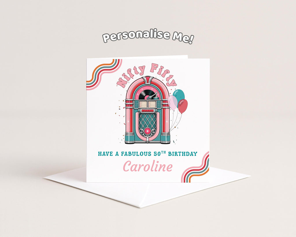 Nifty Fifty 50th Birthday Card Personalised For Her, Retro Jukebox And Name, Sister, Friend