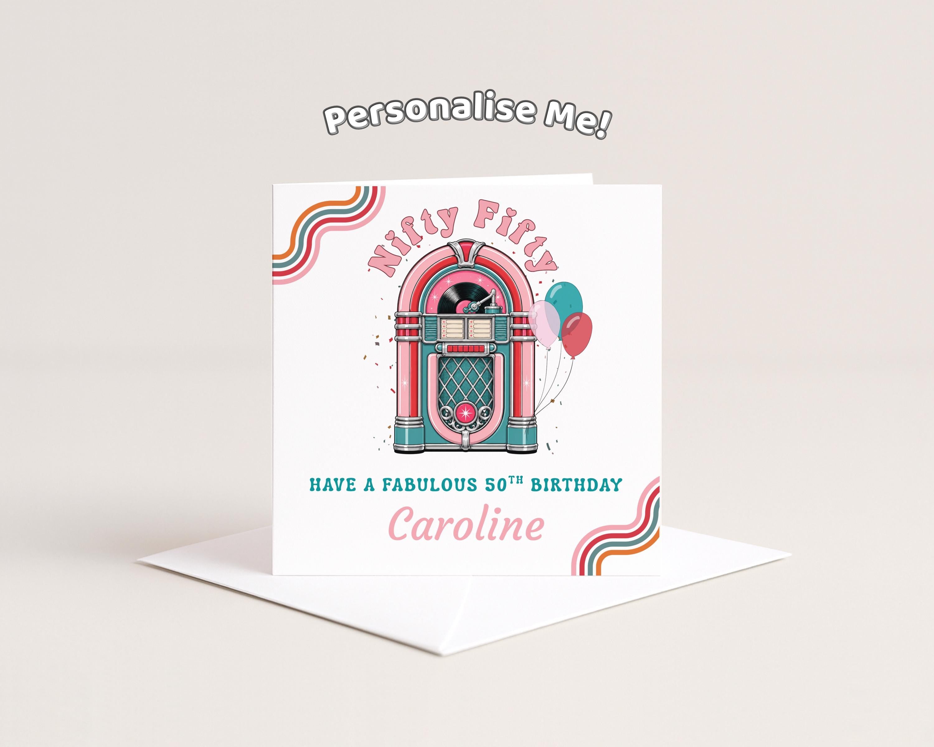 Nifty Fifty 50th Birthday Card Personalised For Her, Retro Jukebox And Name, Sister, Friend