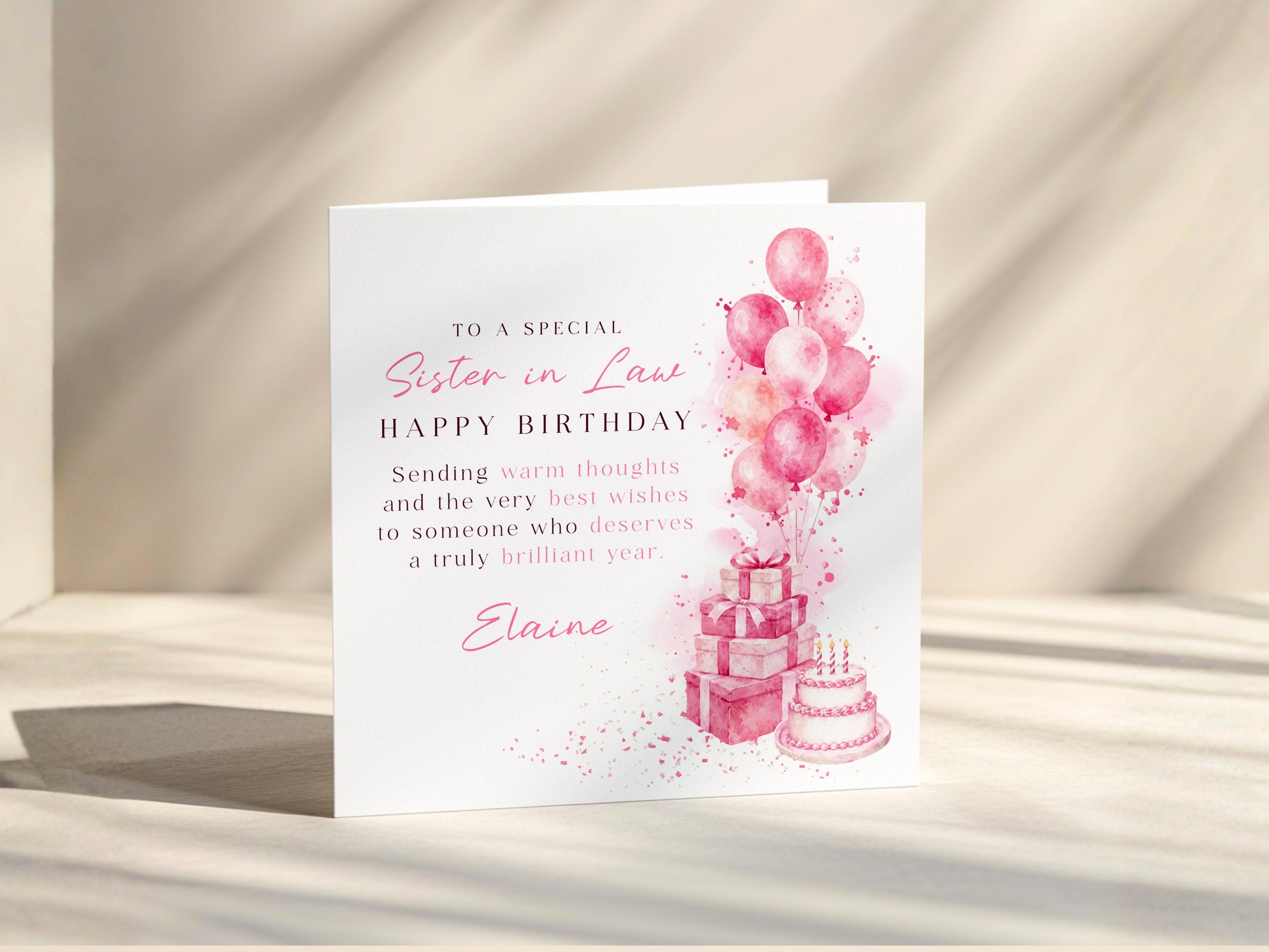 Sister In Law Birthday Card, Personalised Card For Her,  Pink Balloons, Gifts & Cake