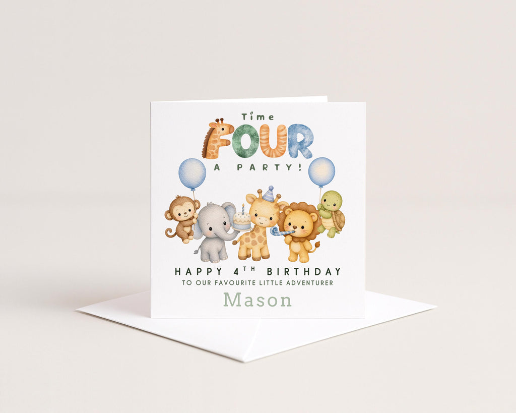4th Birthday Card personalised For A Boy, Safari Animals, Custom Name, Age Four