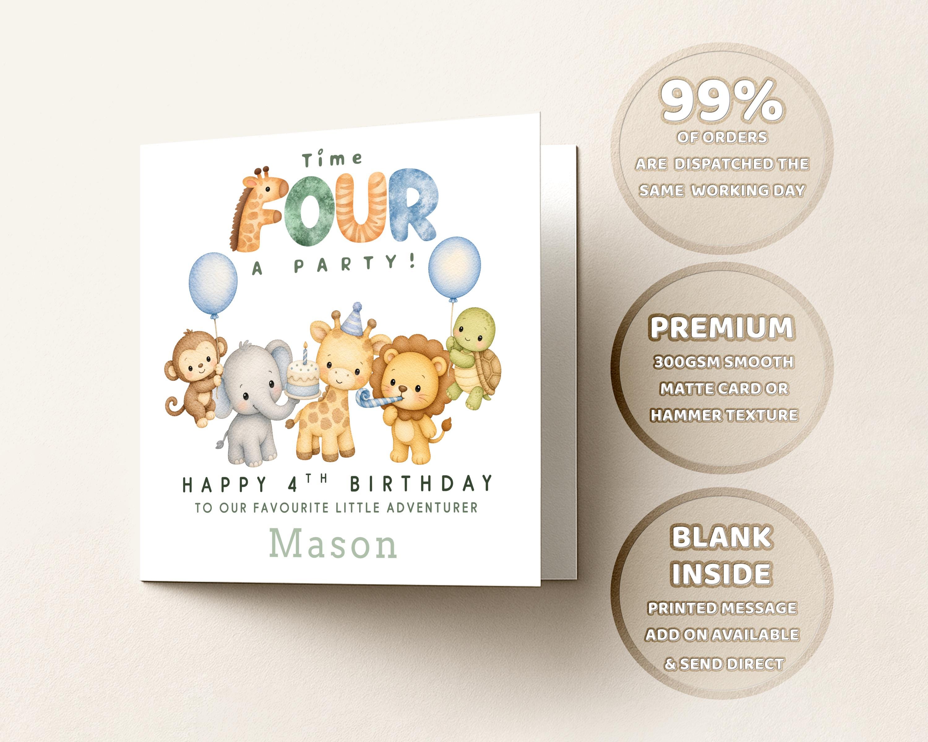 4th Birthday Card personalised For A Boy, Safari Animals, Custom Name, Age Four