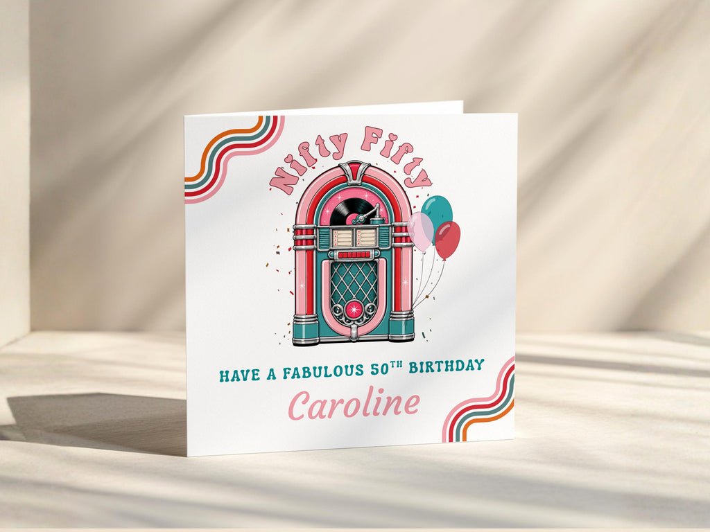 Nifty Fifty 50th Birthday Card Personalised For Her, Retro Jukebox And Name, Sister, Friend