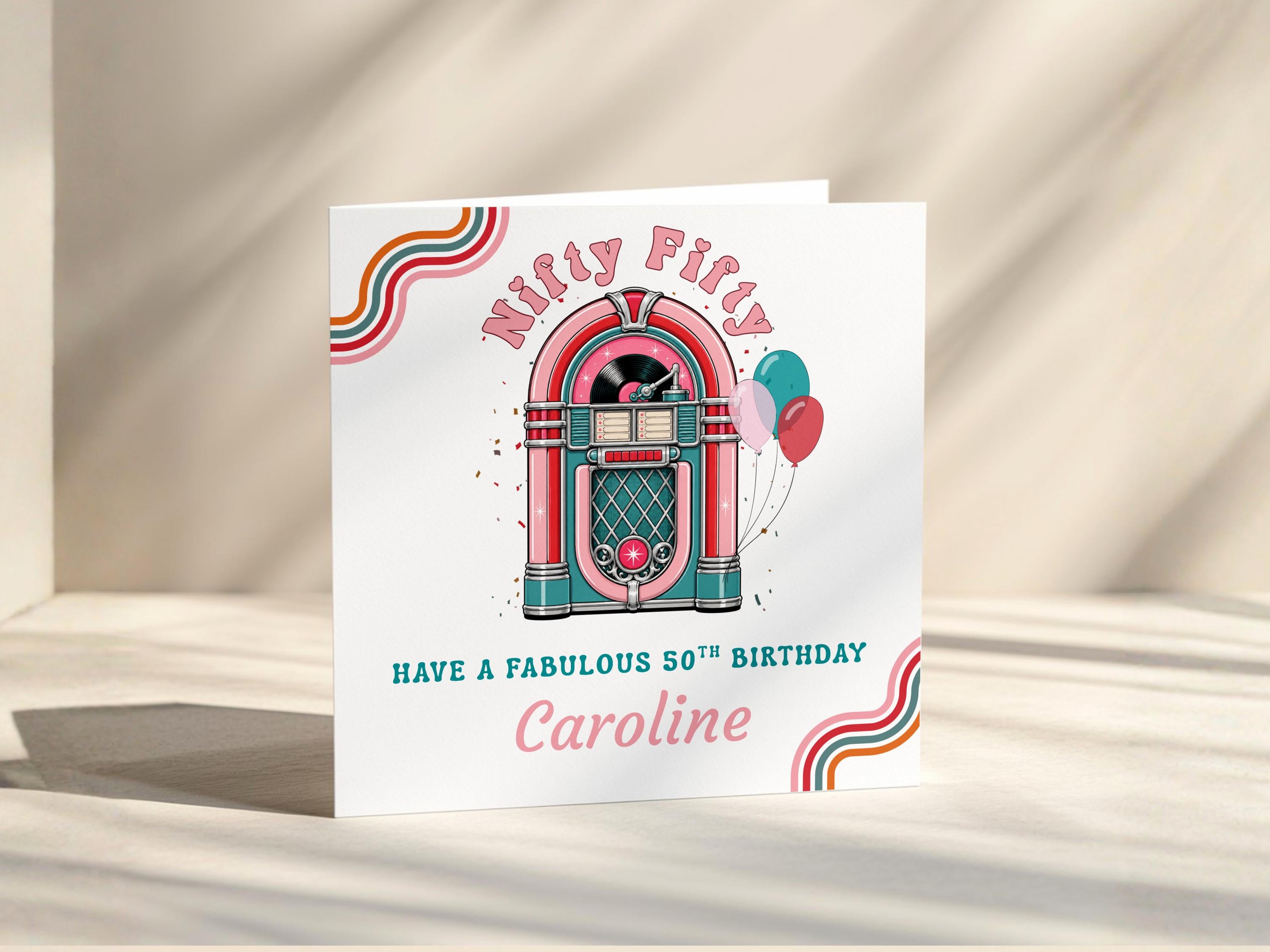 Nifty Fifty 50th Birthday Card Personalised For Her, Retro Jukebox And Name, Sister, Friend