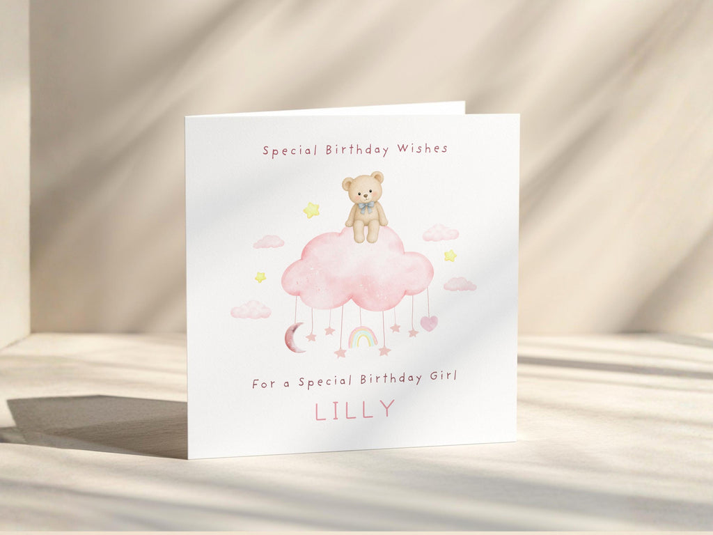 Personalised Girls Birthday Card For Daughter, Granddaughter, Niece, Toddler:  Girl Teddy Bear Greeting Card
