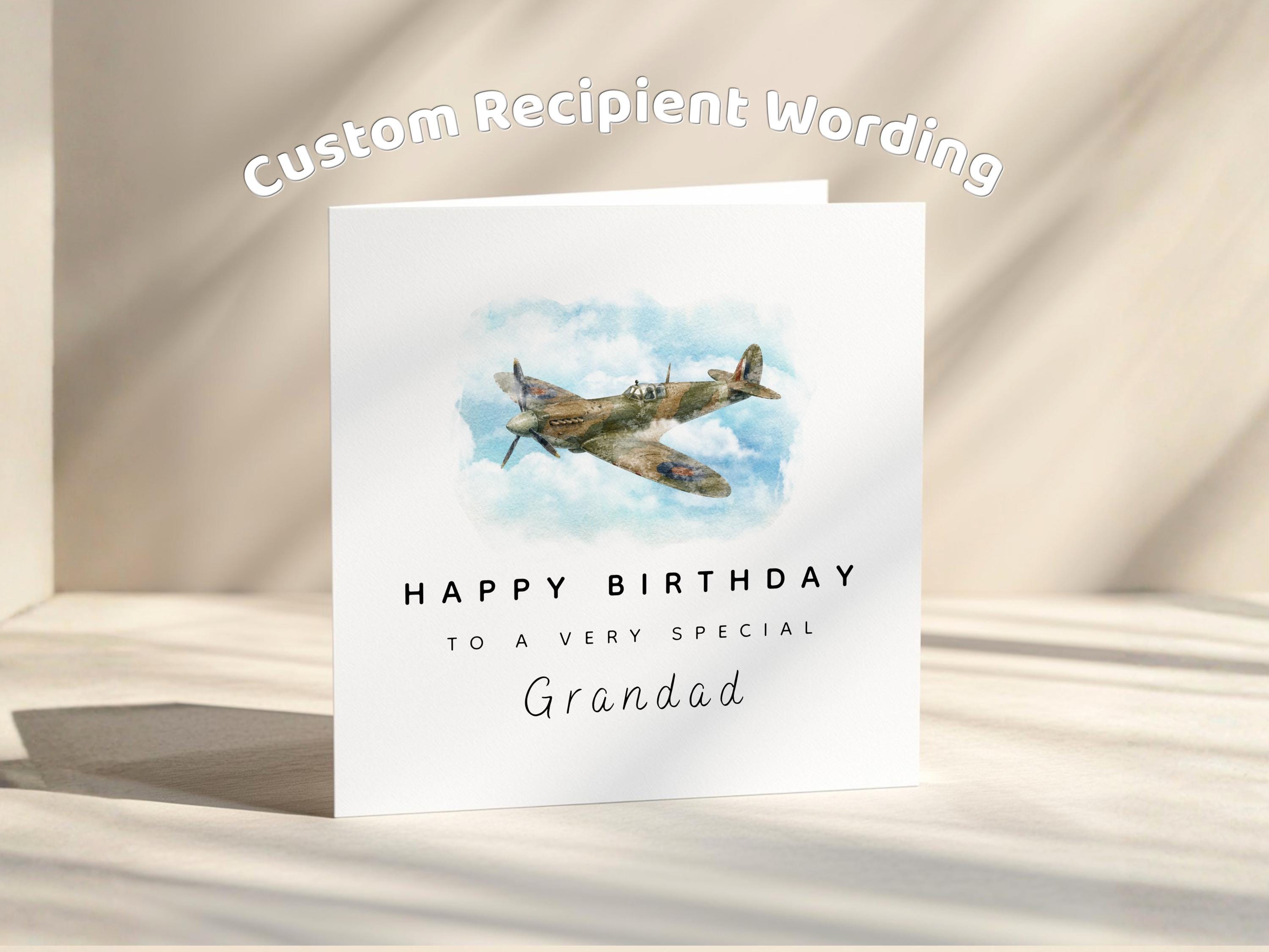 Grandad Birthday Card With Spitfire Plane For Grandfather Gramps Or Grandpa Custom Wording