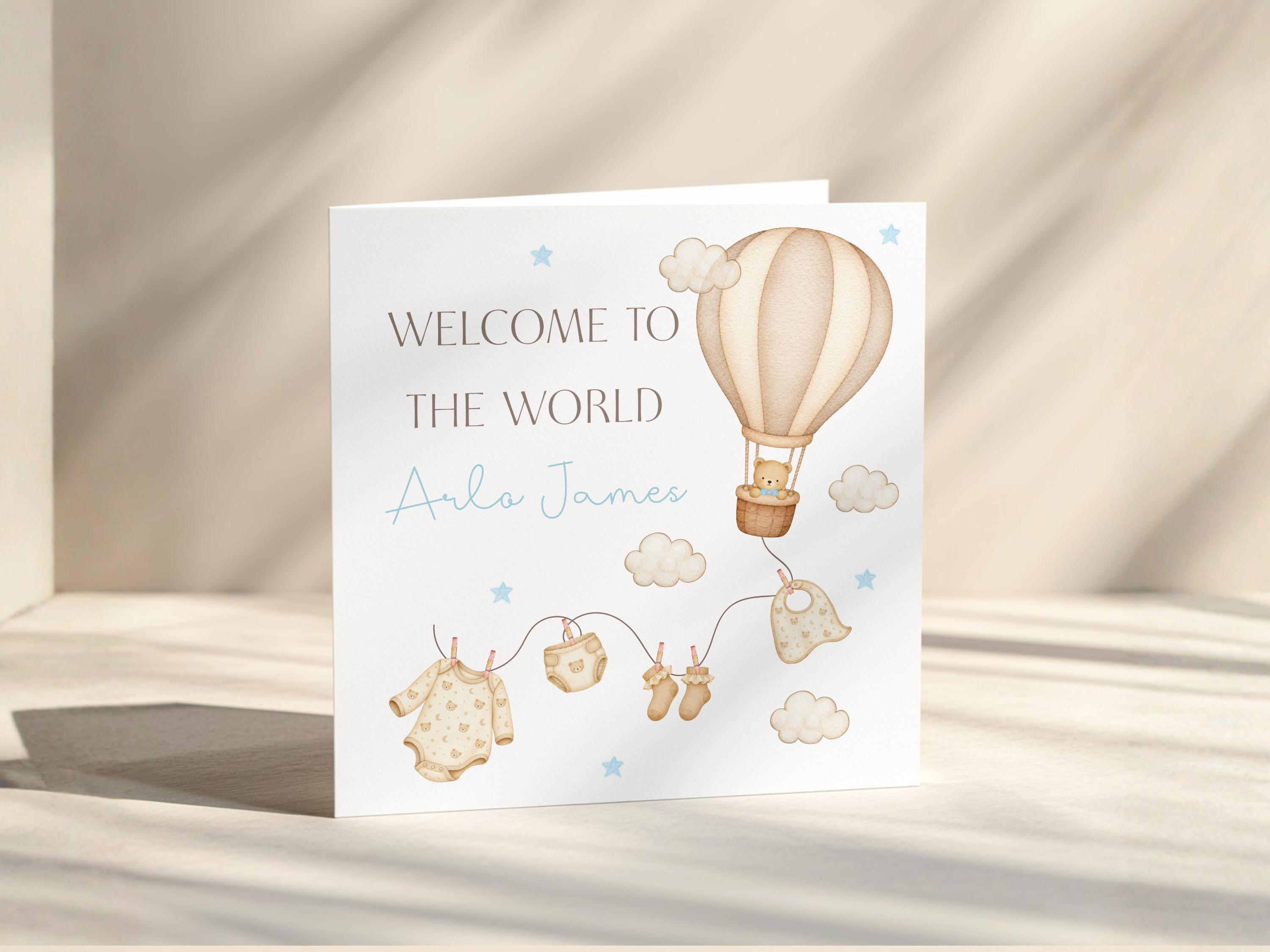 New Baby Card Personalised Welcome To The World for baby Boy Or Girl,  Air Balloon