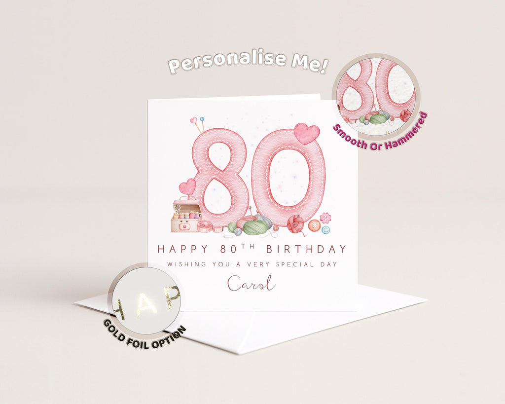 80th Birthday Card Personalised For Nan, Mum, Grandma or Friend, Sewing Theme Custom Name