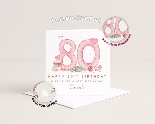 80th Birthday Card Personalised For Nan, Mum, Grandma or Friend, Sewing Theme Custom Name