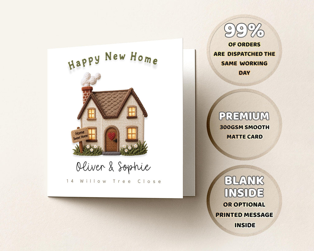 New Home Card Personalised Crochet Style House Custom Name Address For Couple Or Family