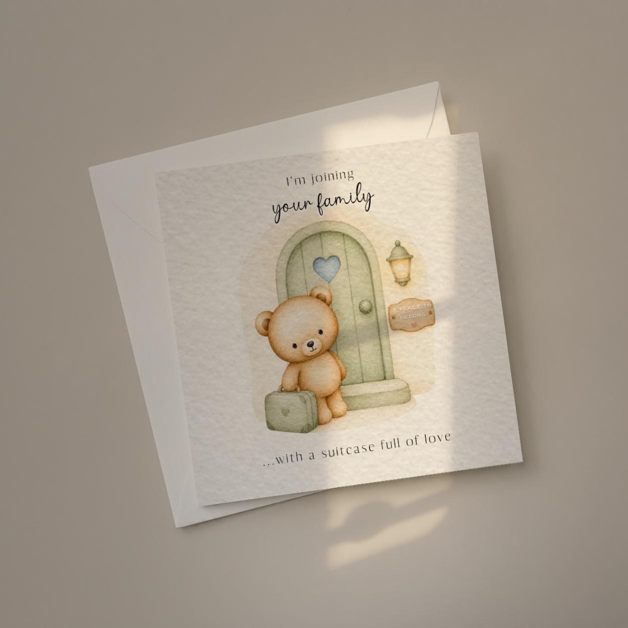 I'm Joining Your Family Adoption Card, Adopted Child Teddy Bear Suitcase