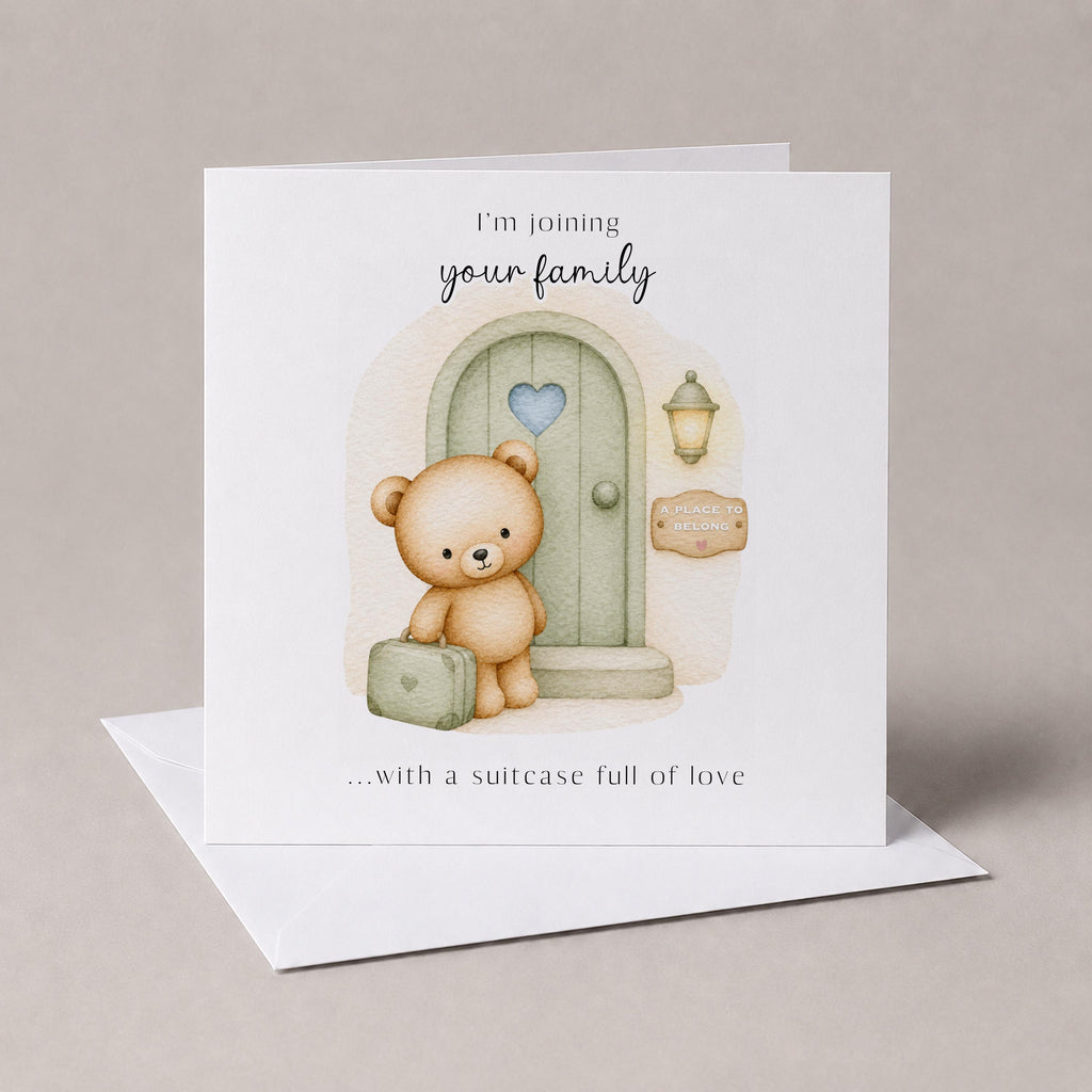 I'm Joining Your Family Adoption Card, Adopted Child Teddy Bear Suitcase