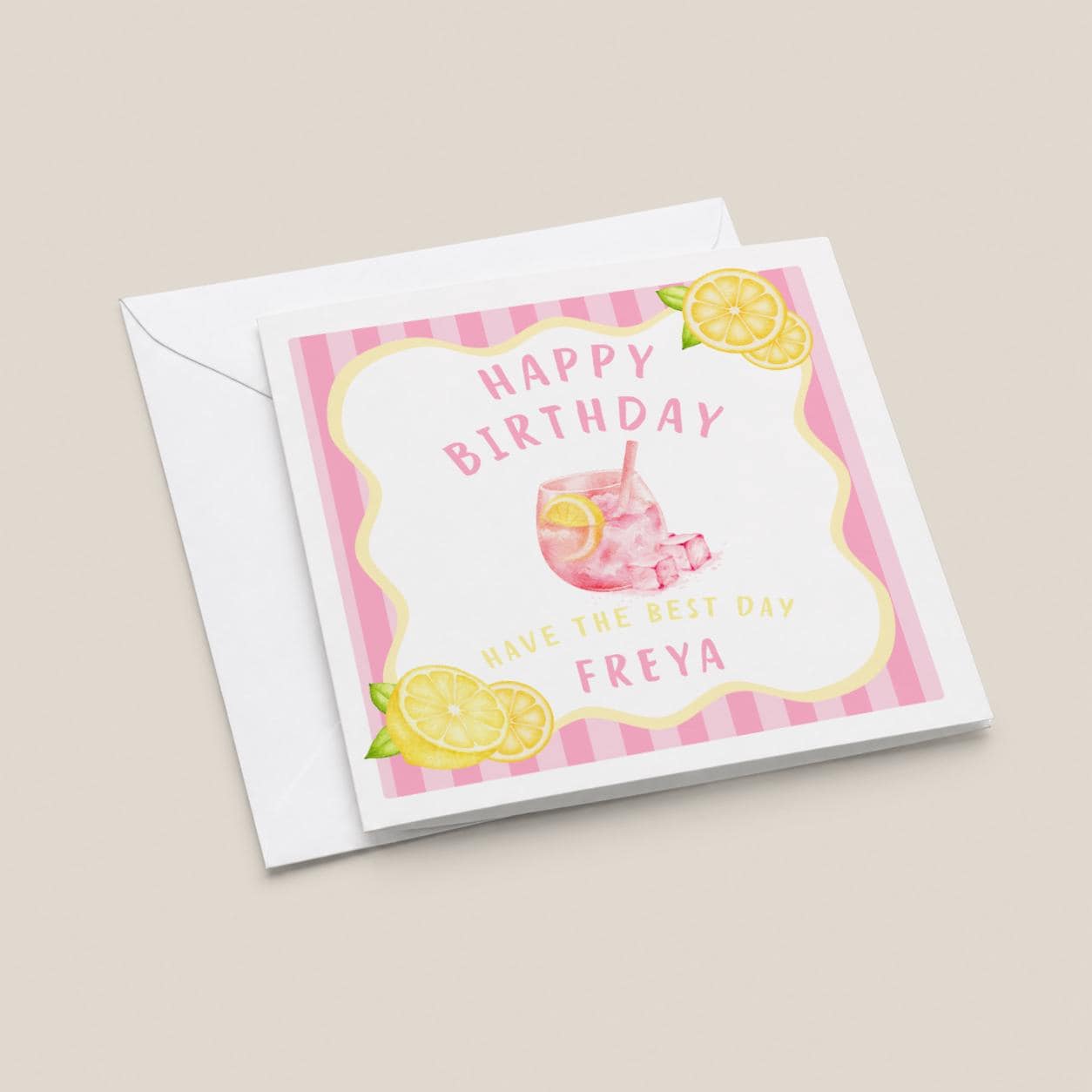 Lemon Birthday Card With Name, Bright Pink Summer Design, Citrus Happy Birthday