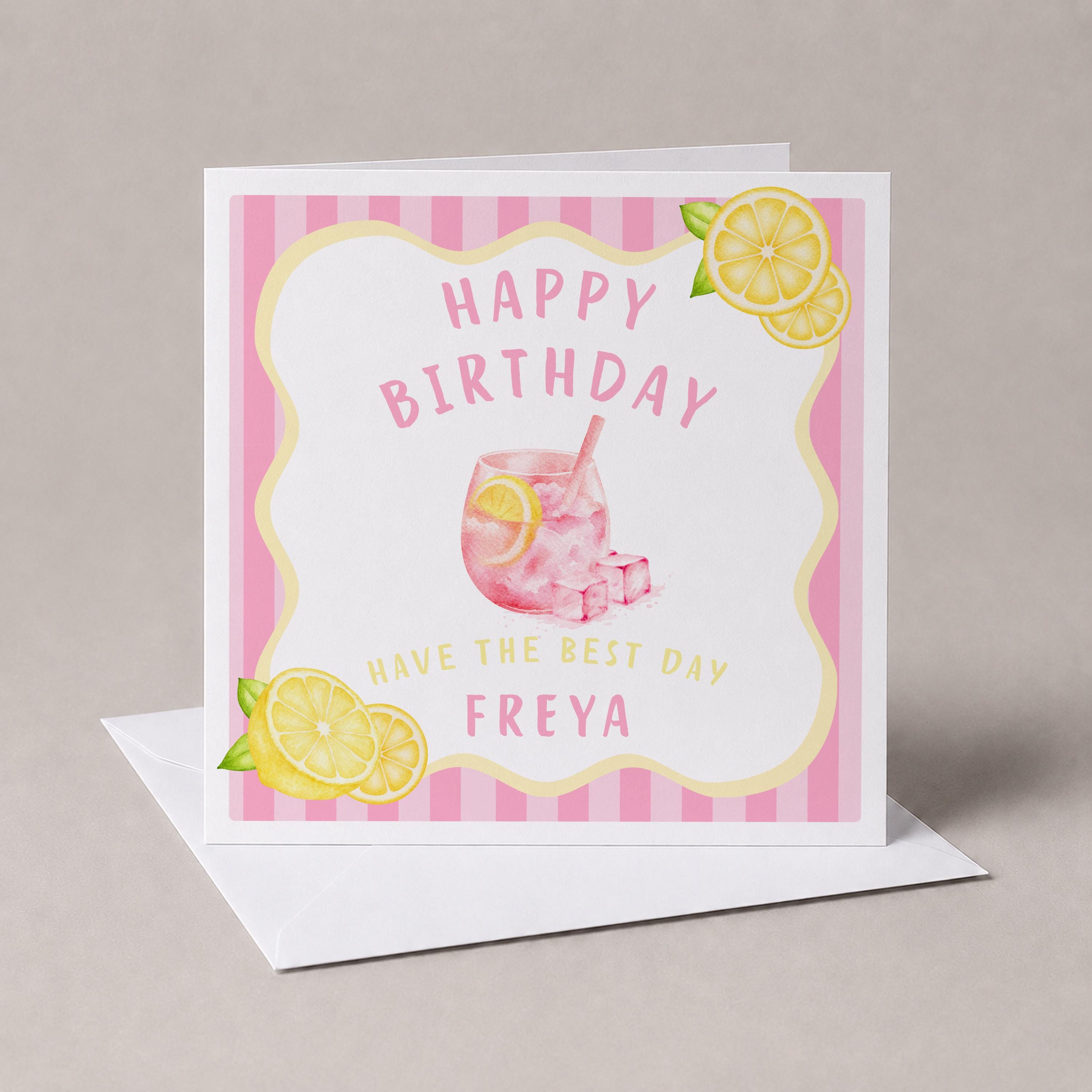 Lemon Birthday Card With Name, Bright Pink Summer Design, Citrus Happy Birthday