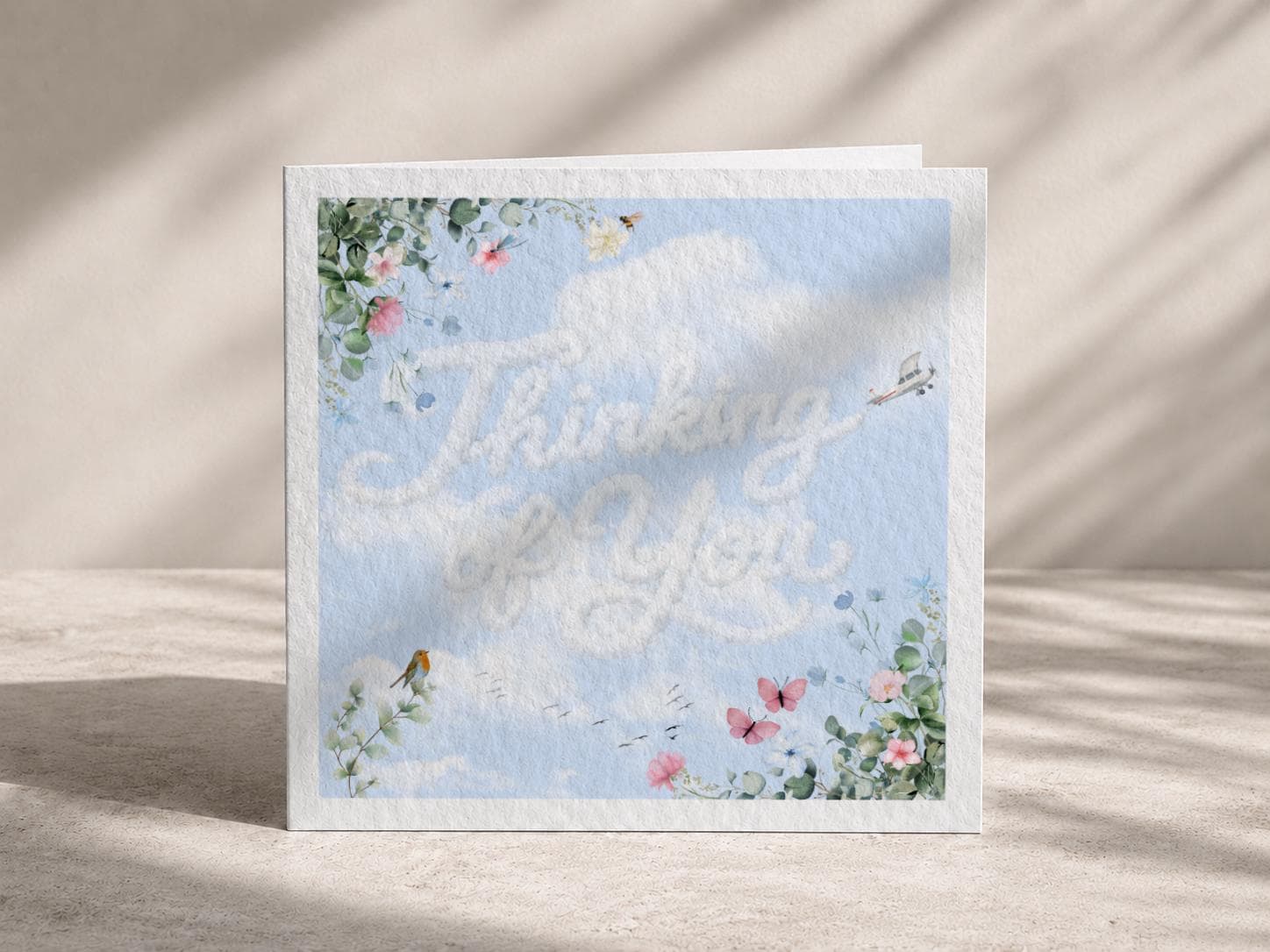 Thinking of You Card for Friend or Loved One, Soft Sky and Floral Design