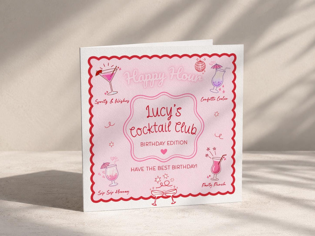 Personalised Cocktail Club Birthday Card, Pink & Red Theme For Cocktail Lover