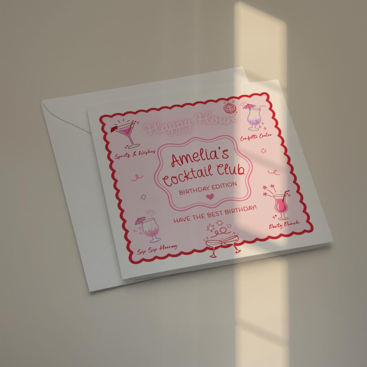 Personalised Cocktail Club Birthday Card, Pink & Red Theme For Cocktail Lover